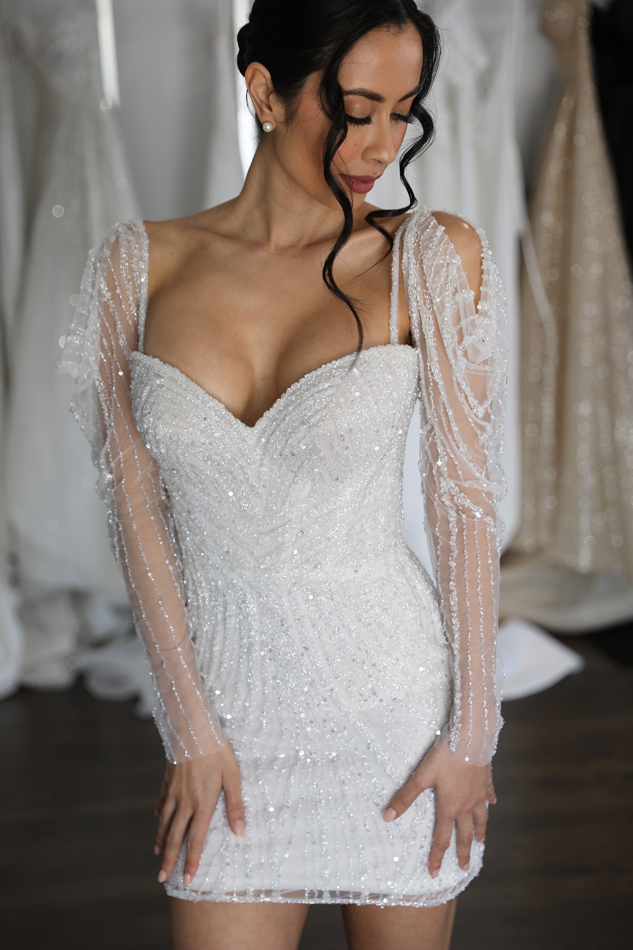 beaded bridal mini with long detachable sleeves