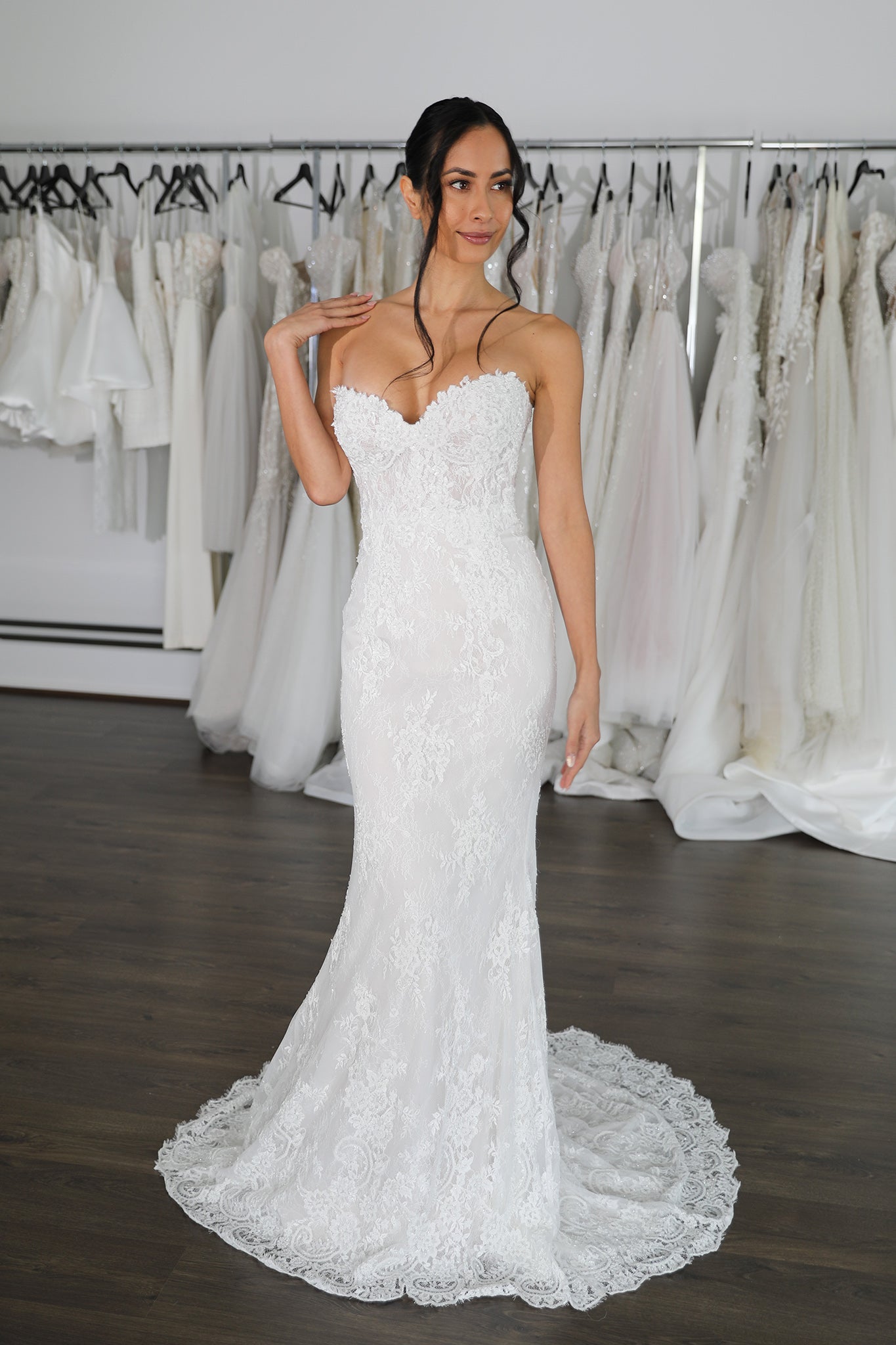 beaded lace strapless wedding dress