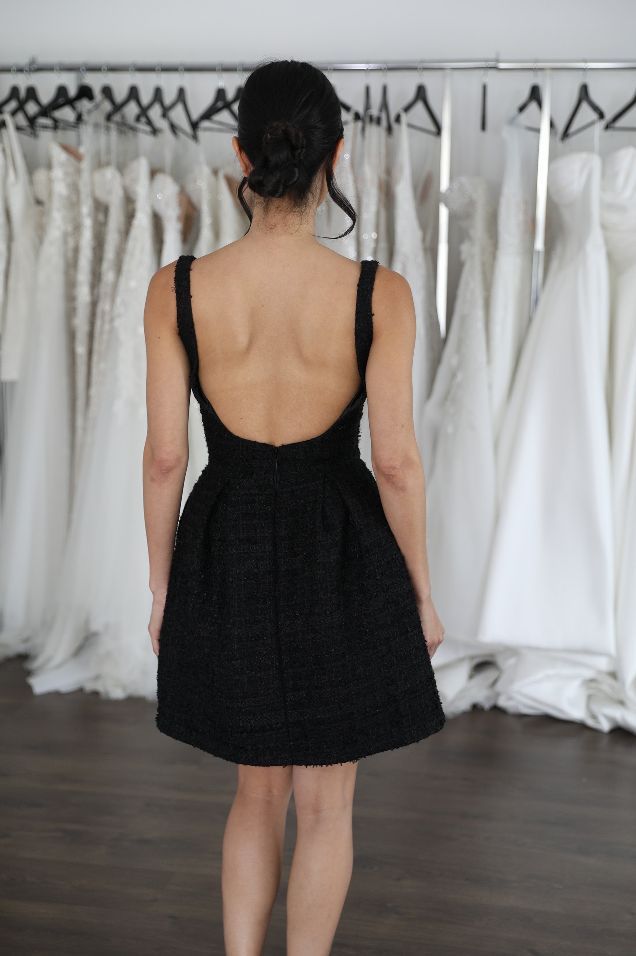 black mini dress with u-back