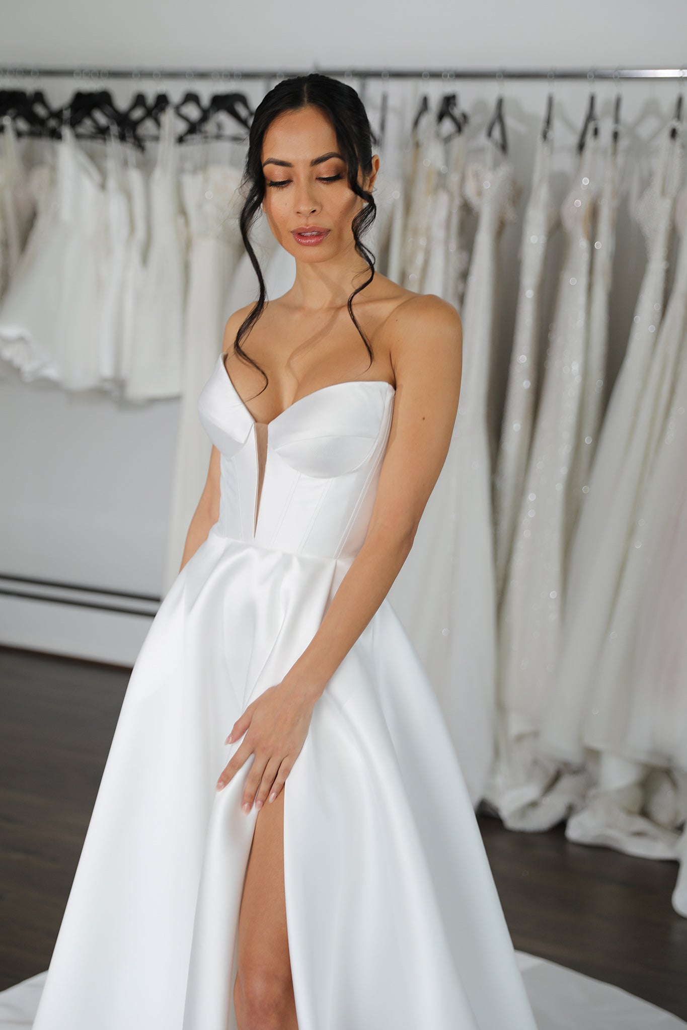 bridal mikado wedding dress with thigh high split
