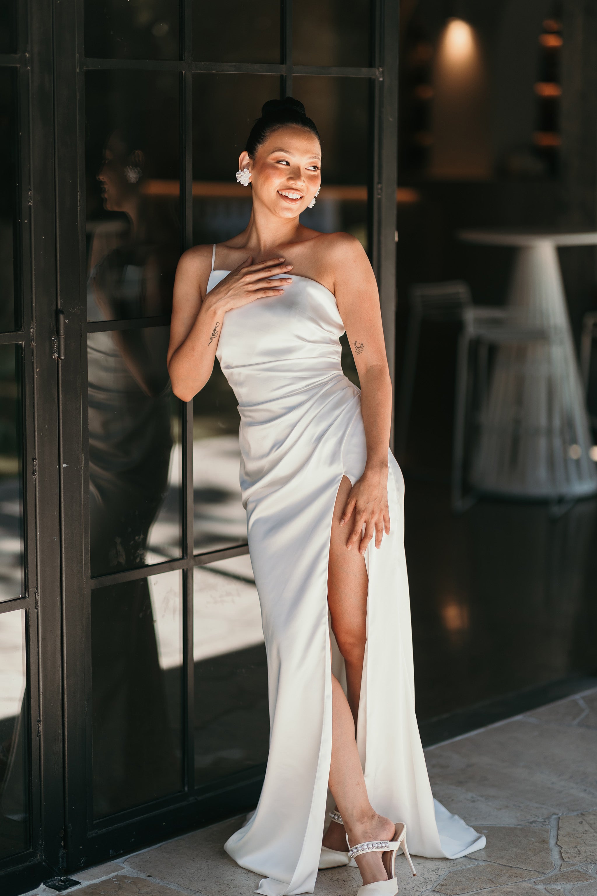 bridesmaid dress with thigh high split and one shoulder strap