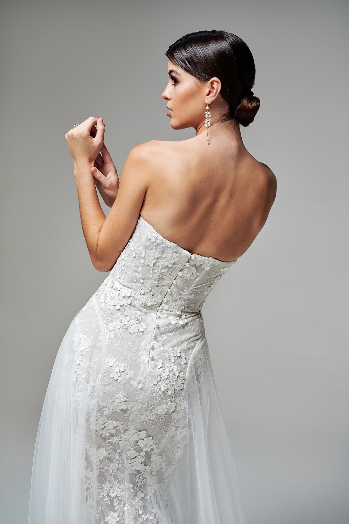 button back floral lace wedding dress