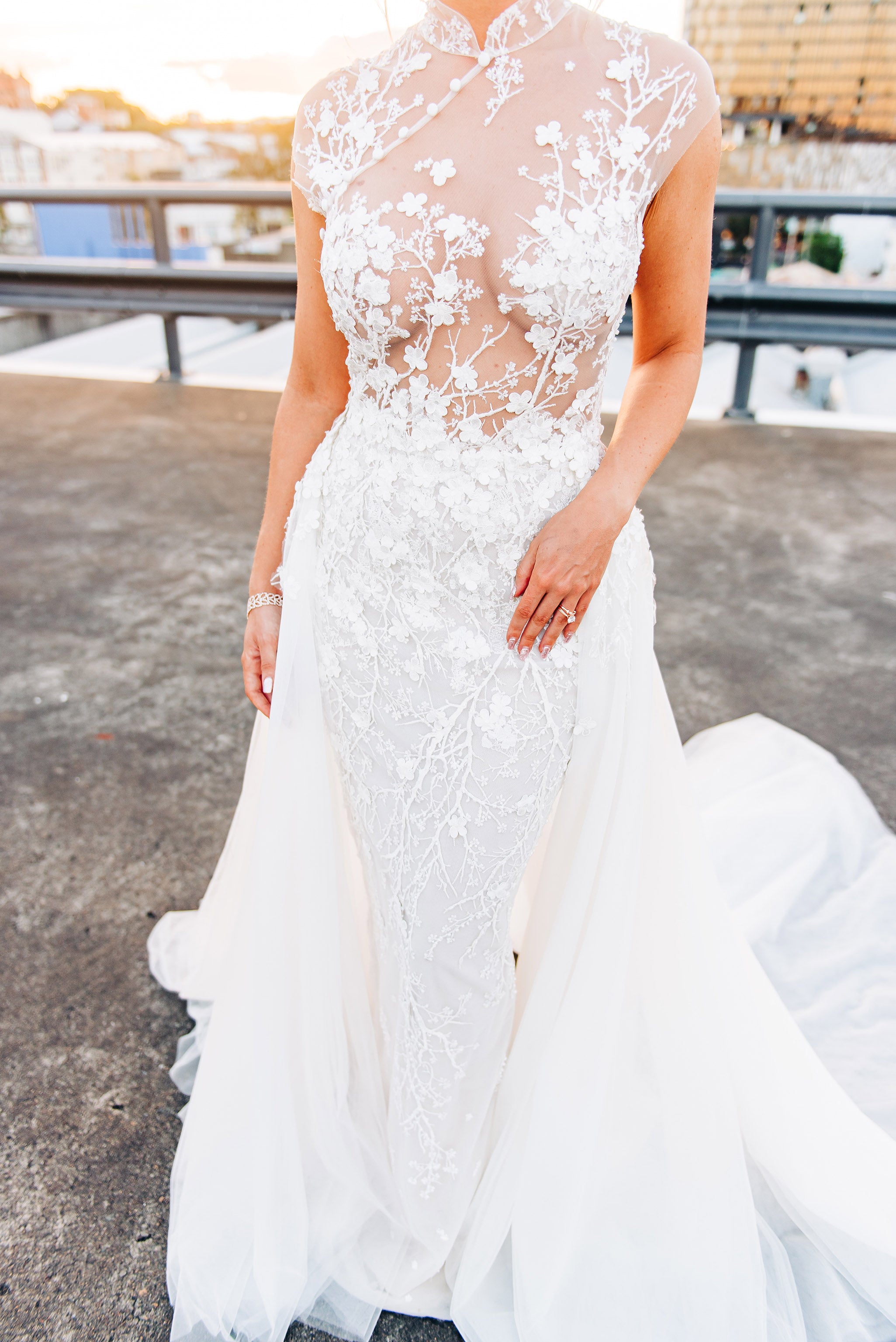 cherry blossom lace wedding dress with full outer skirt