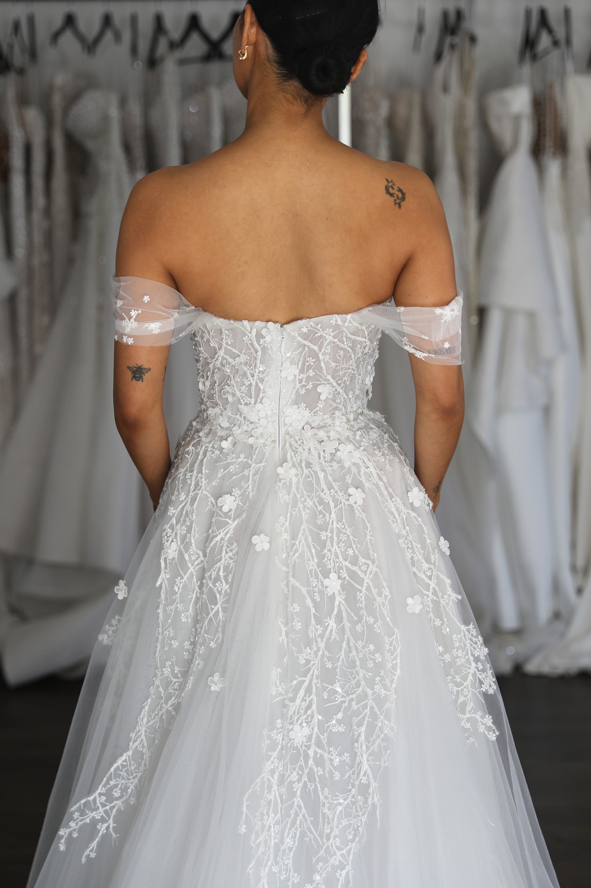 cherry blossom lace wedding dress with off the shoulder sleeves