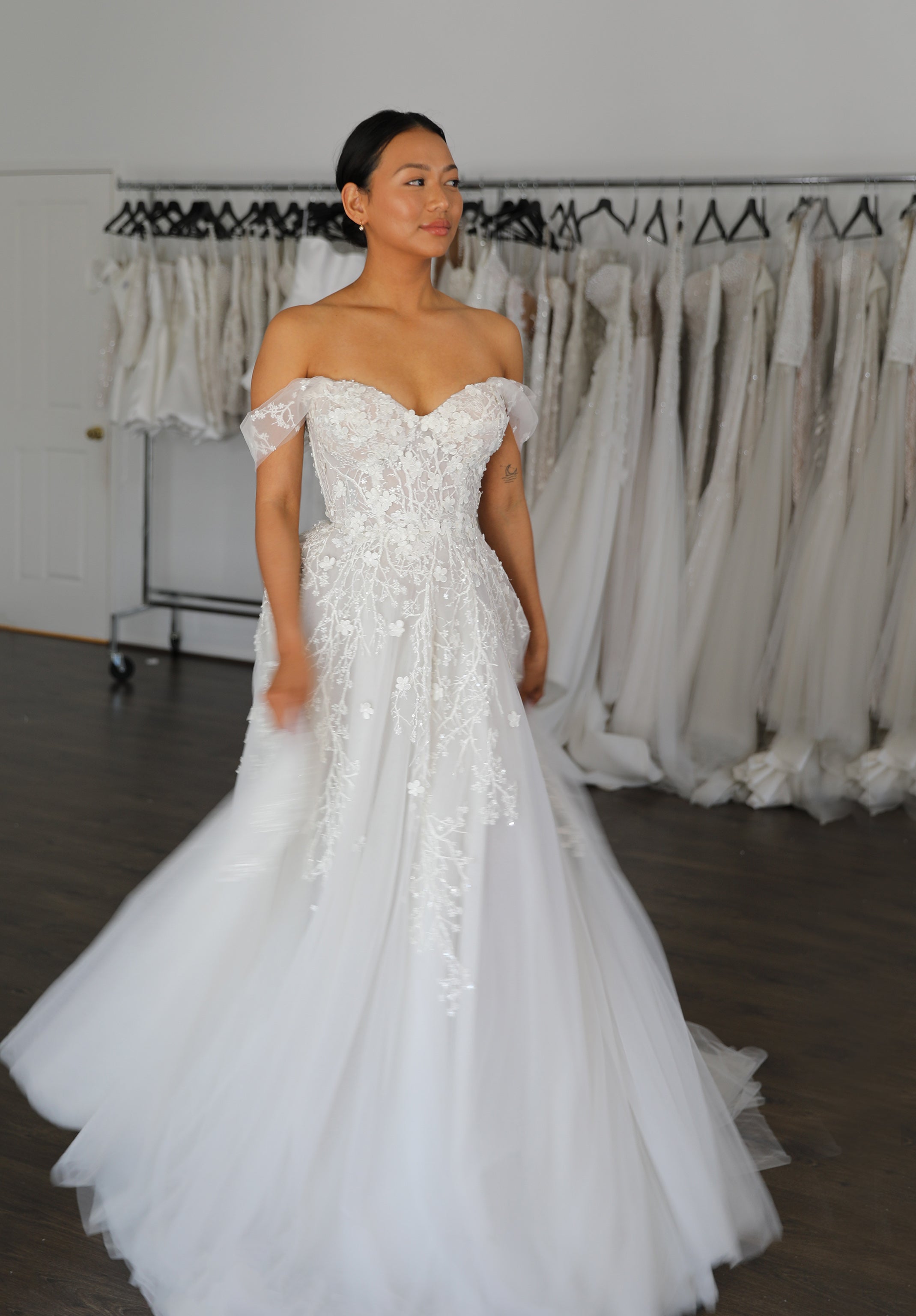 delicate floral lace full skirt wedding gown