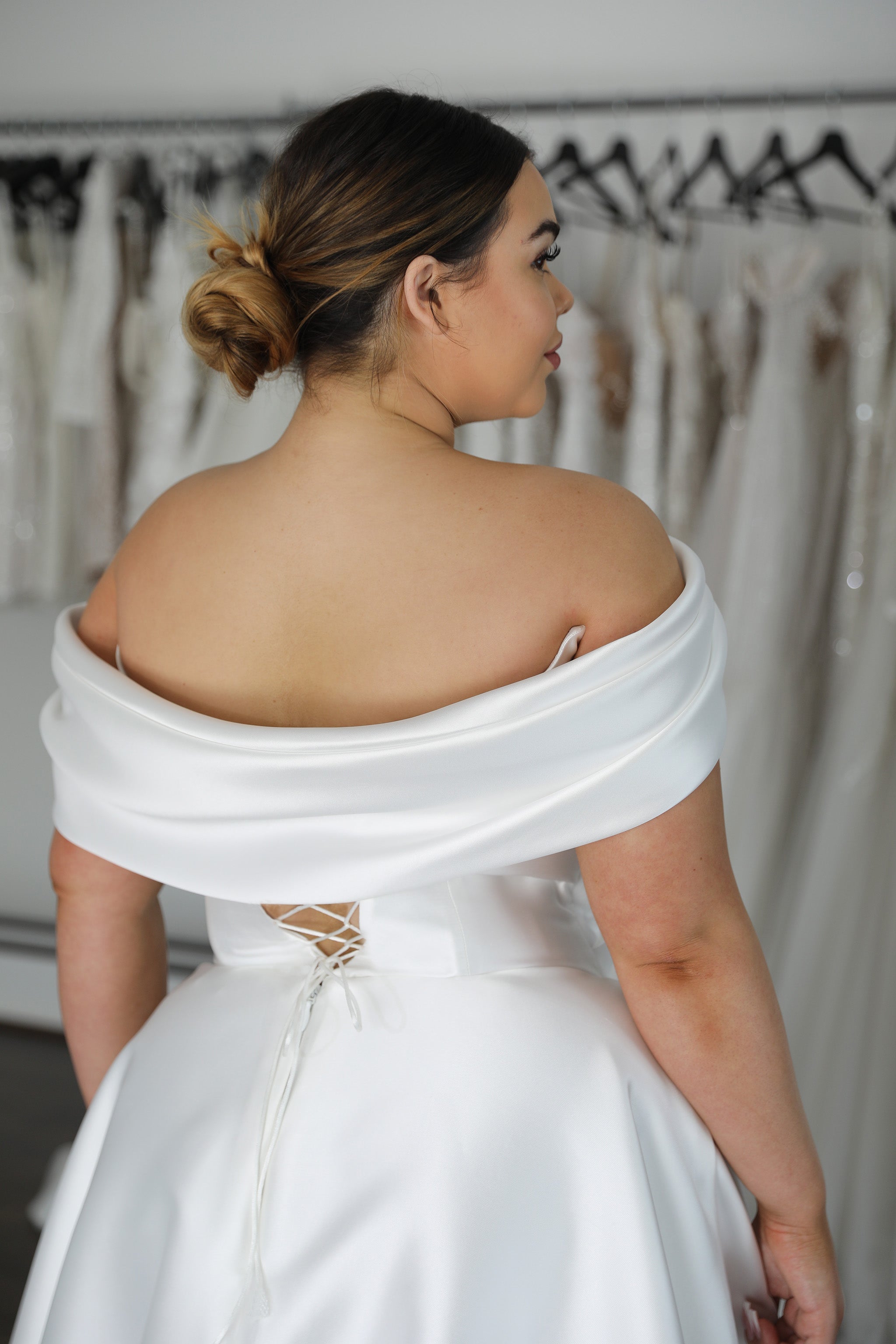 draped back design on mikado wedding dress