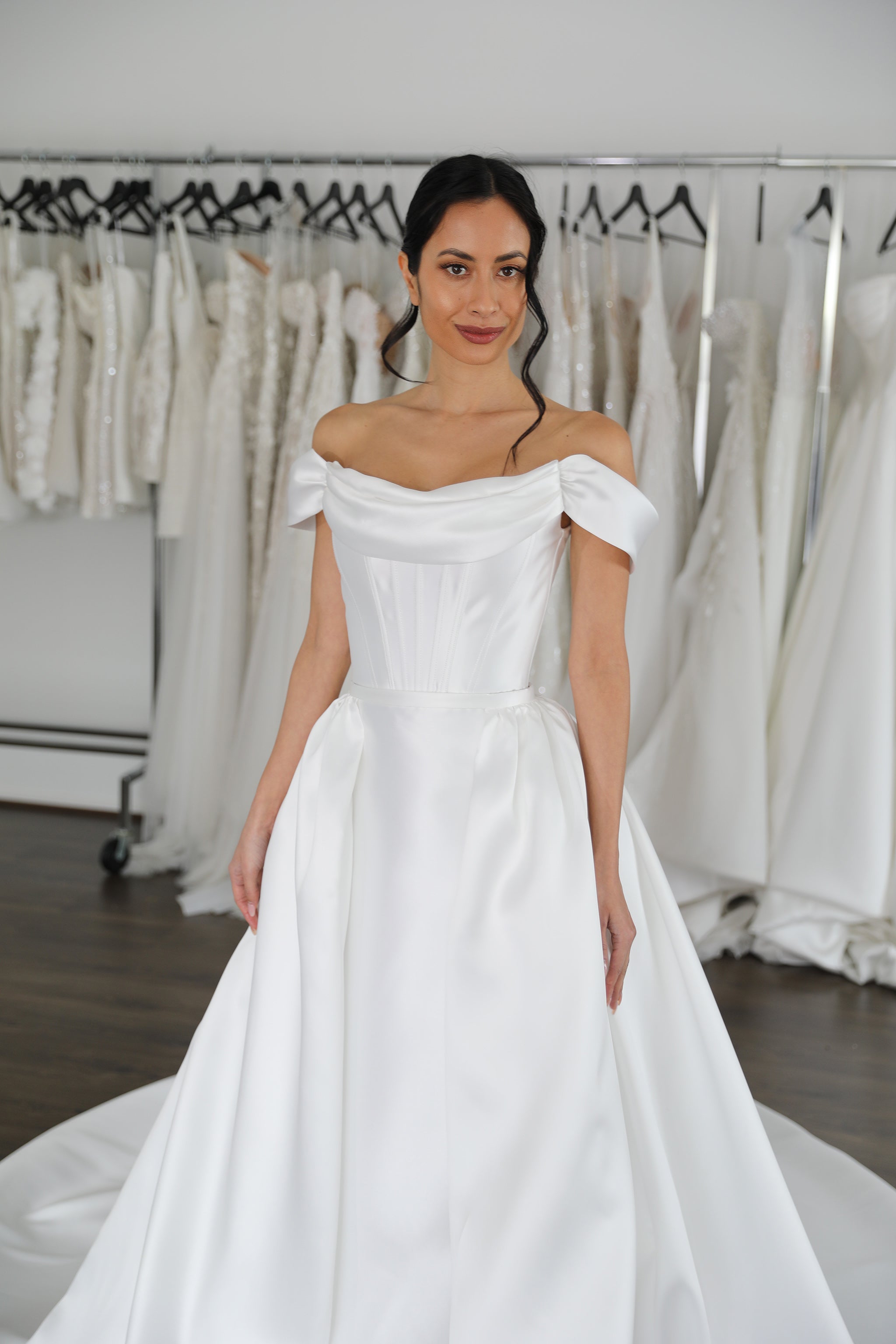 draped neck mikado dress with boning and outerskirt