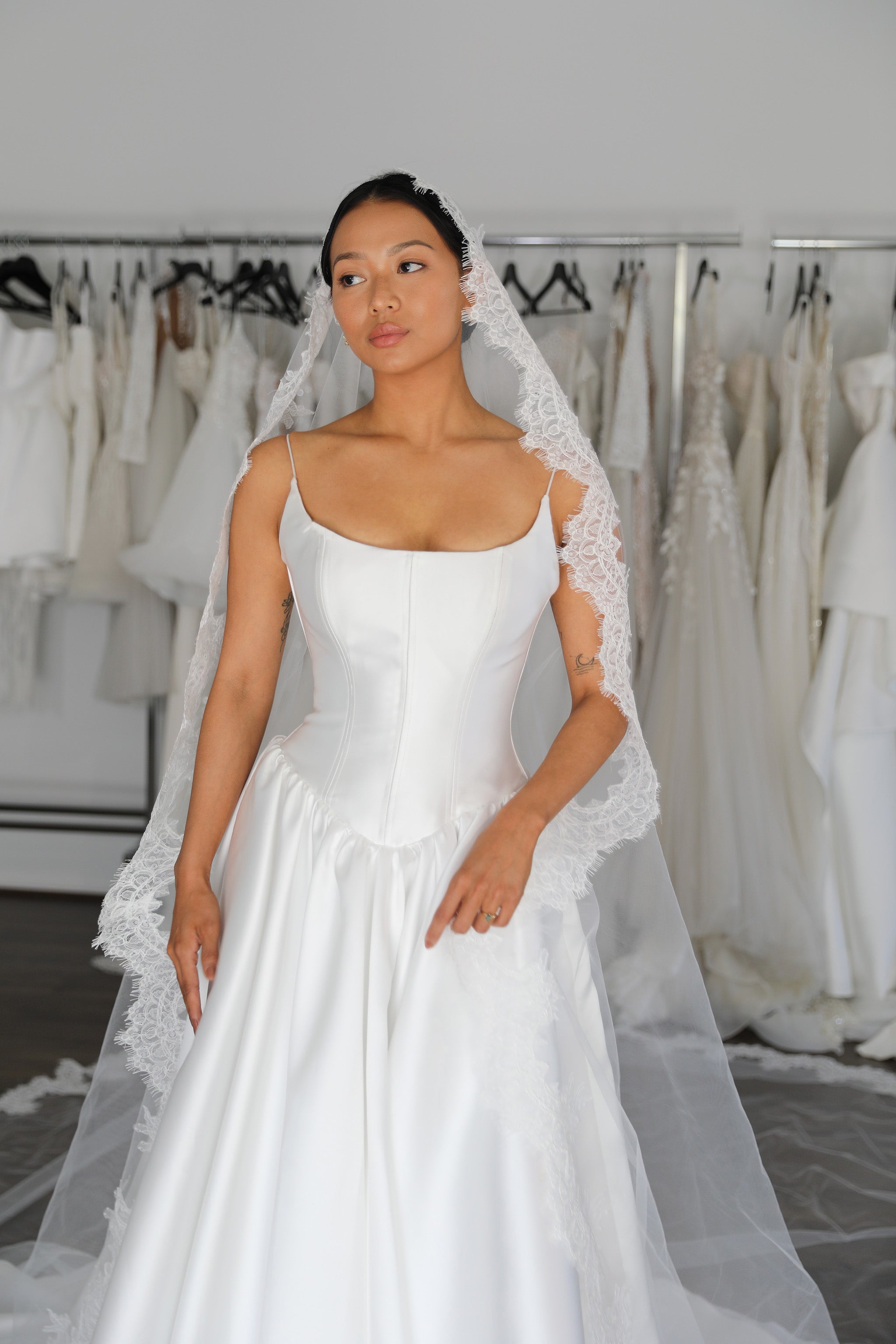 drop waist mikado wedding dress with mantilla lace spanish veil