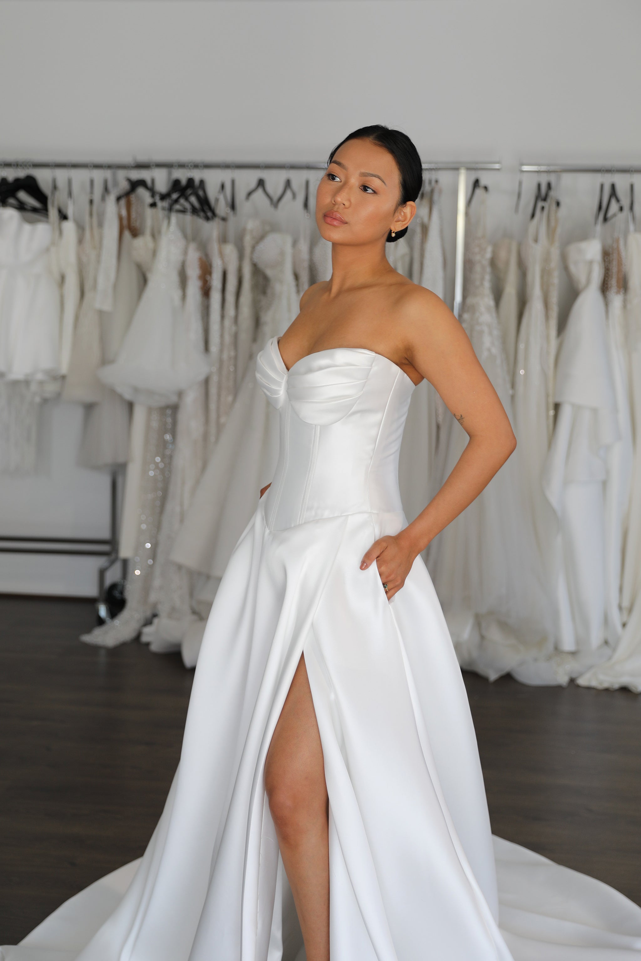 drop waist mikado wedding dress with thigh split