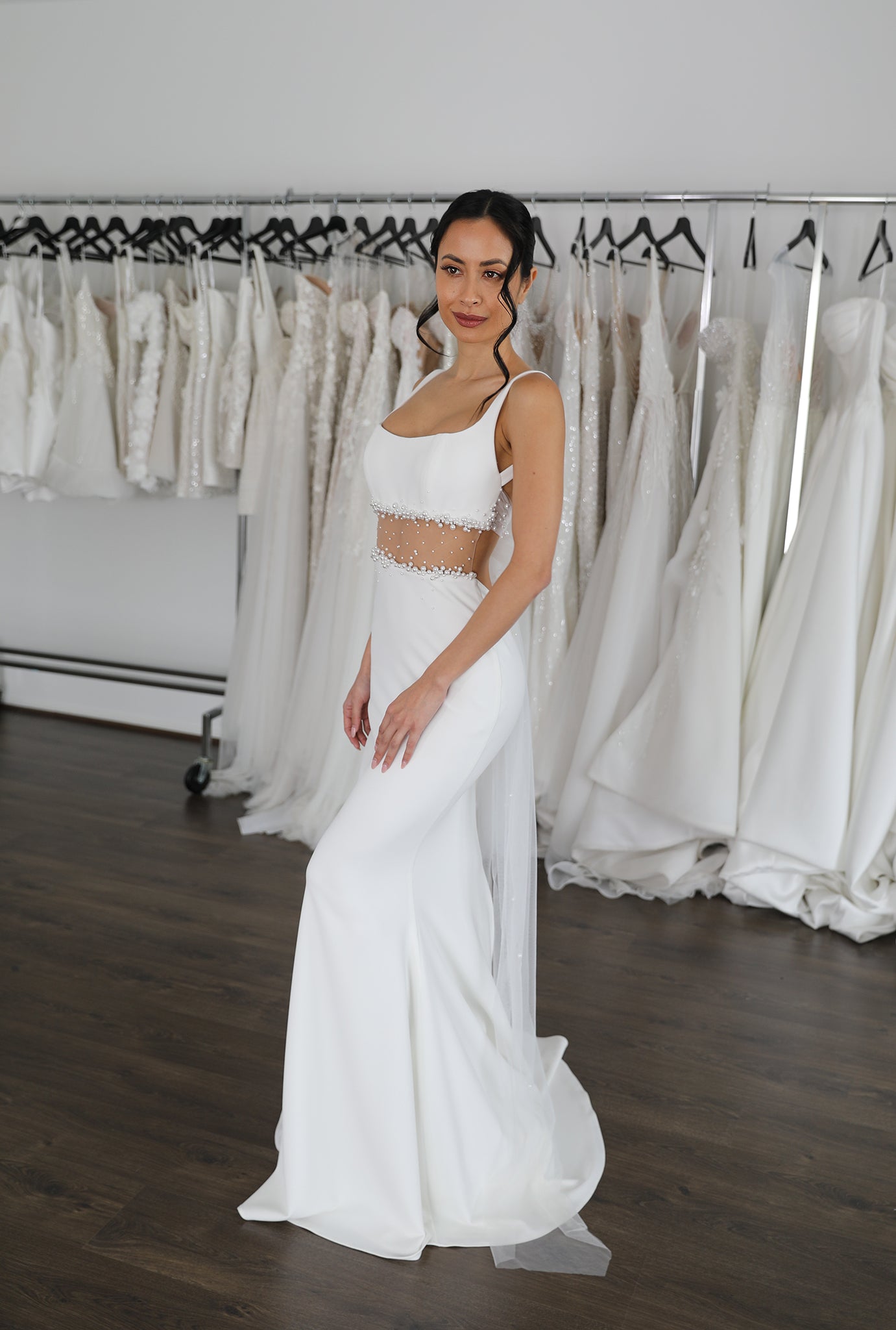 fitted wedding dress with centre cut outs and u neck
