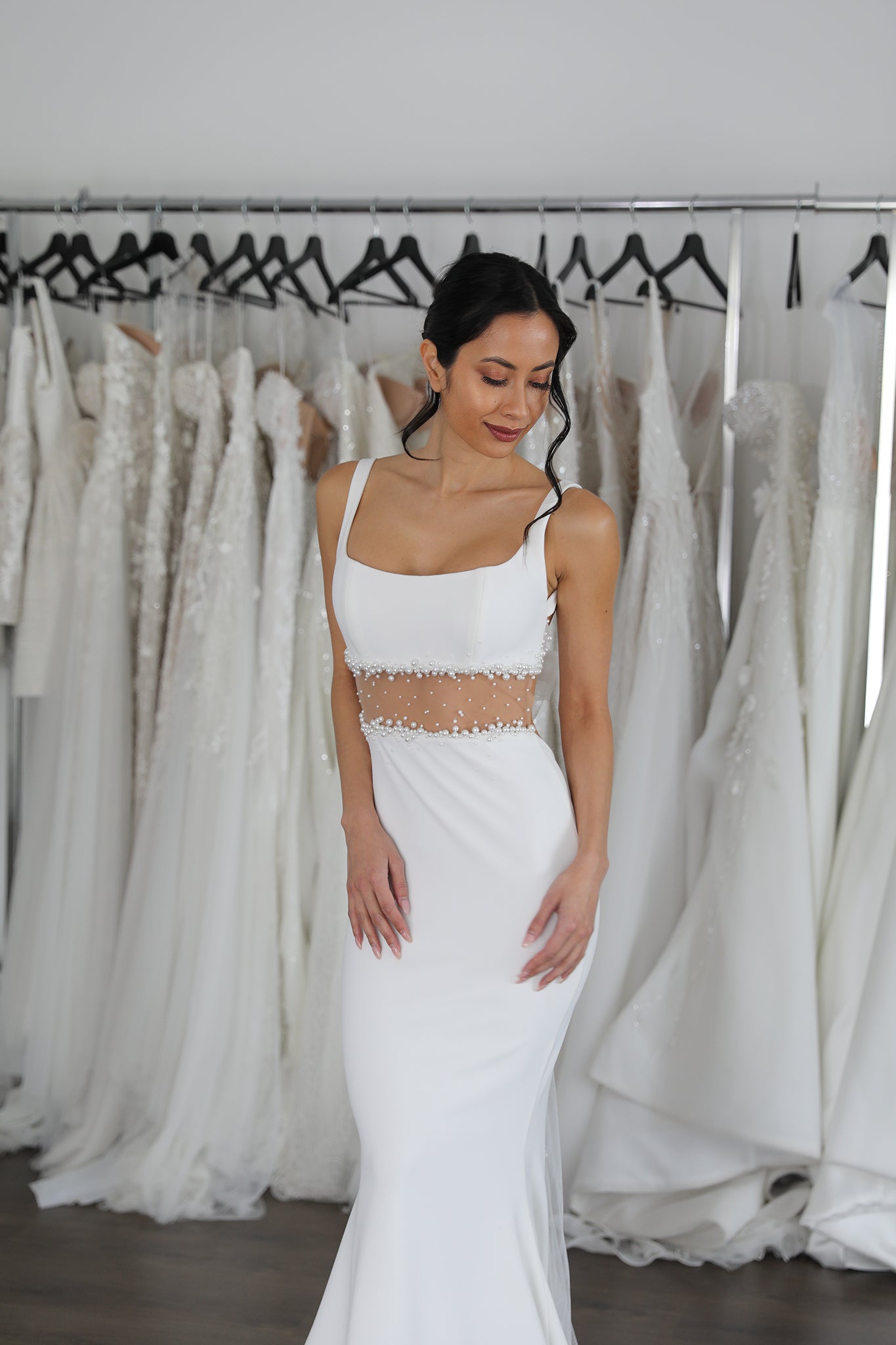 fitted wedding gown with pearl details