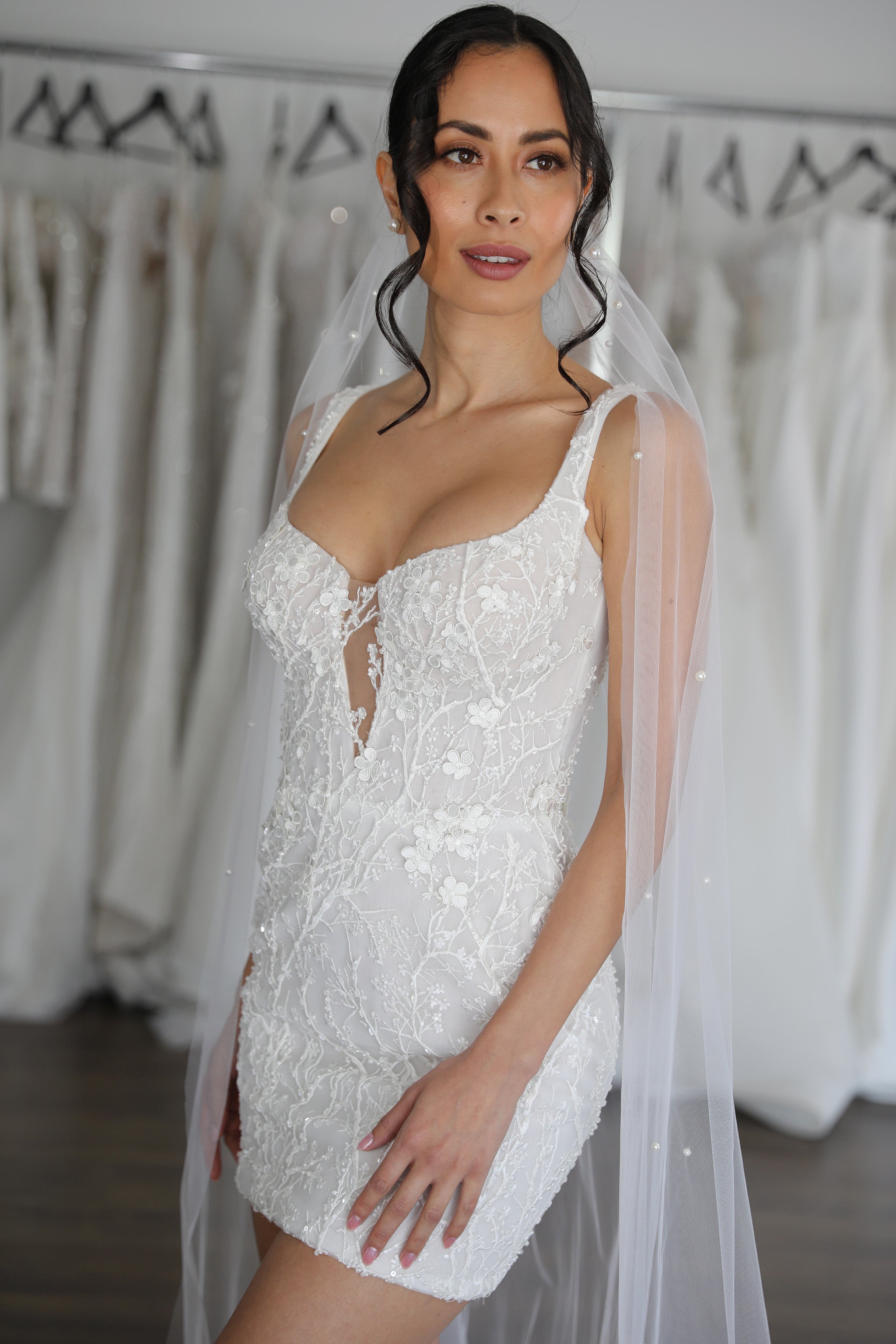 floral lace mini gown and pearl veil