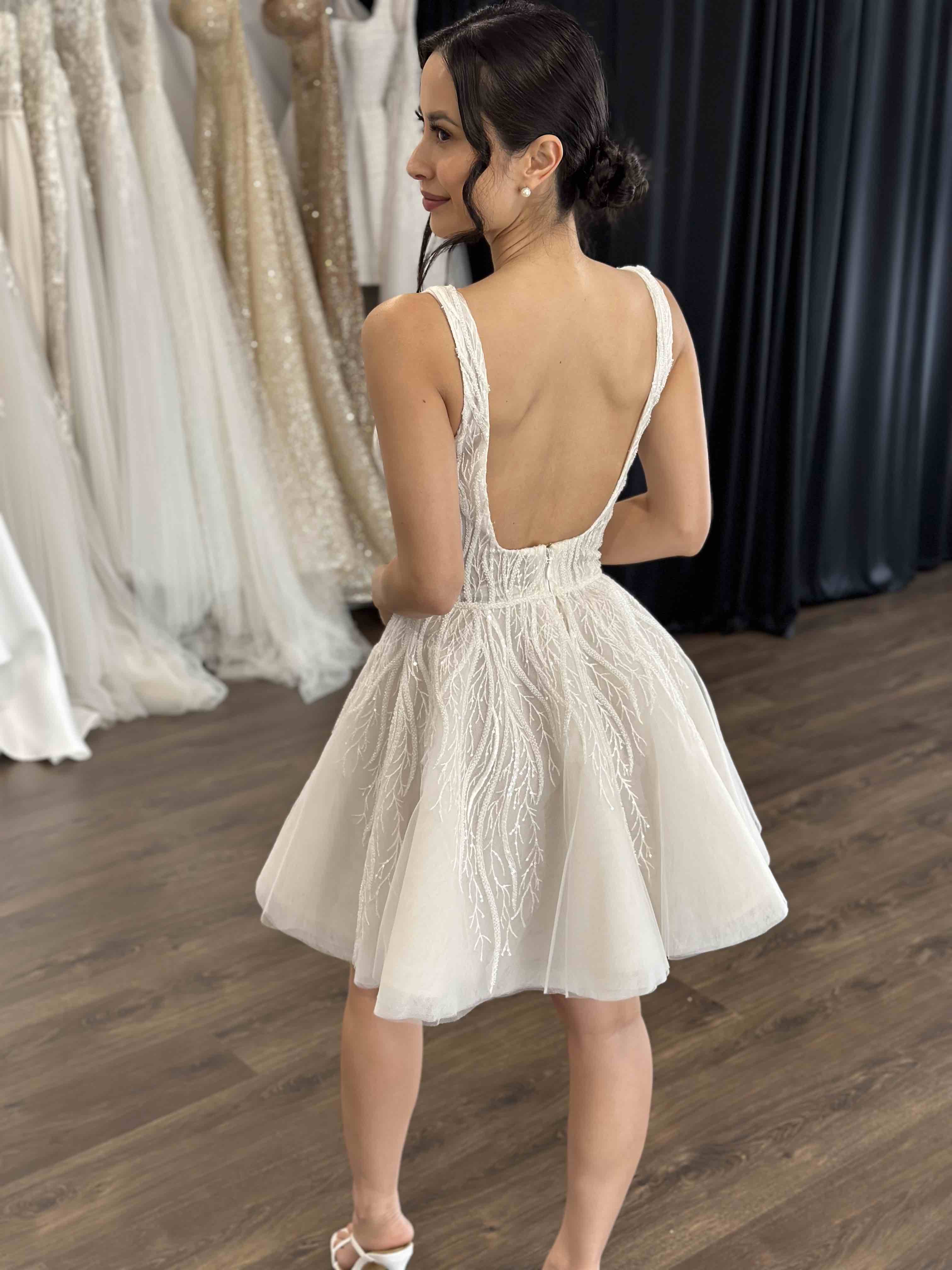 flowing lace mini reception dress