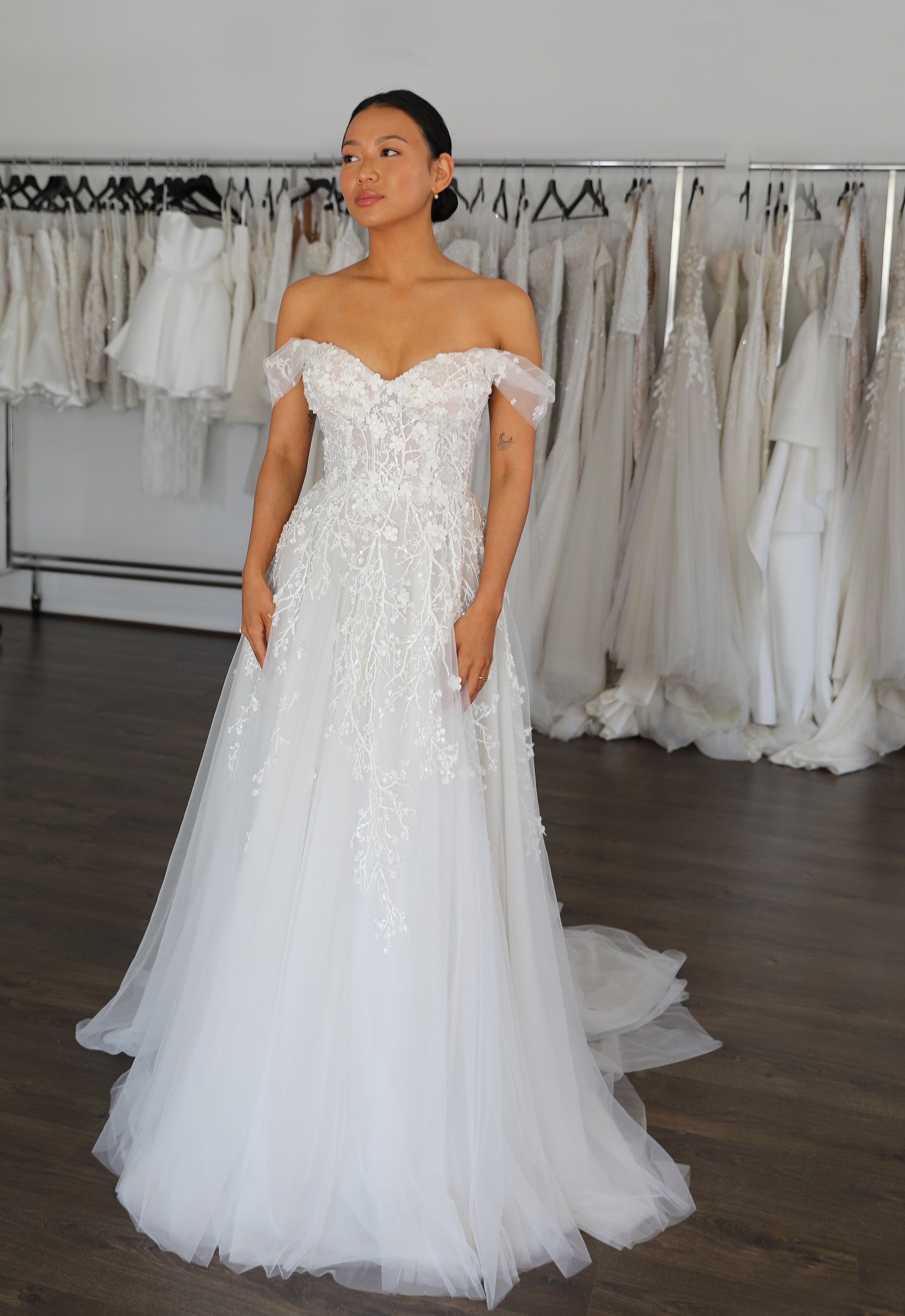 full length cherry blossom lace white wedding dress