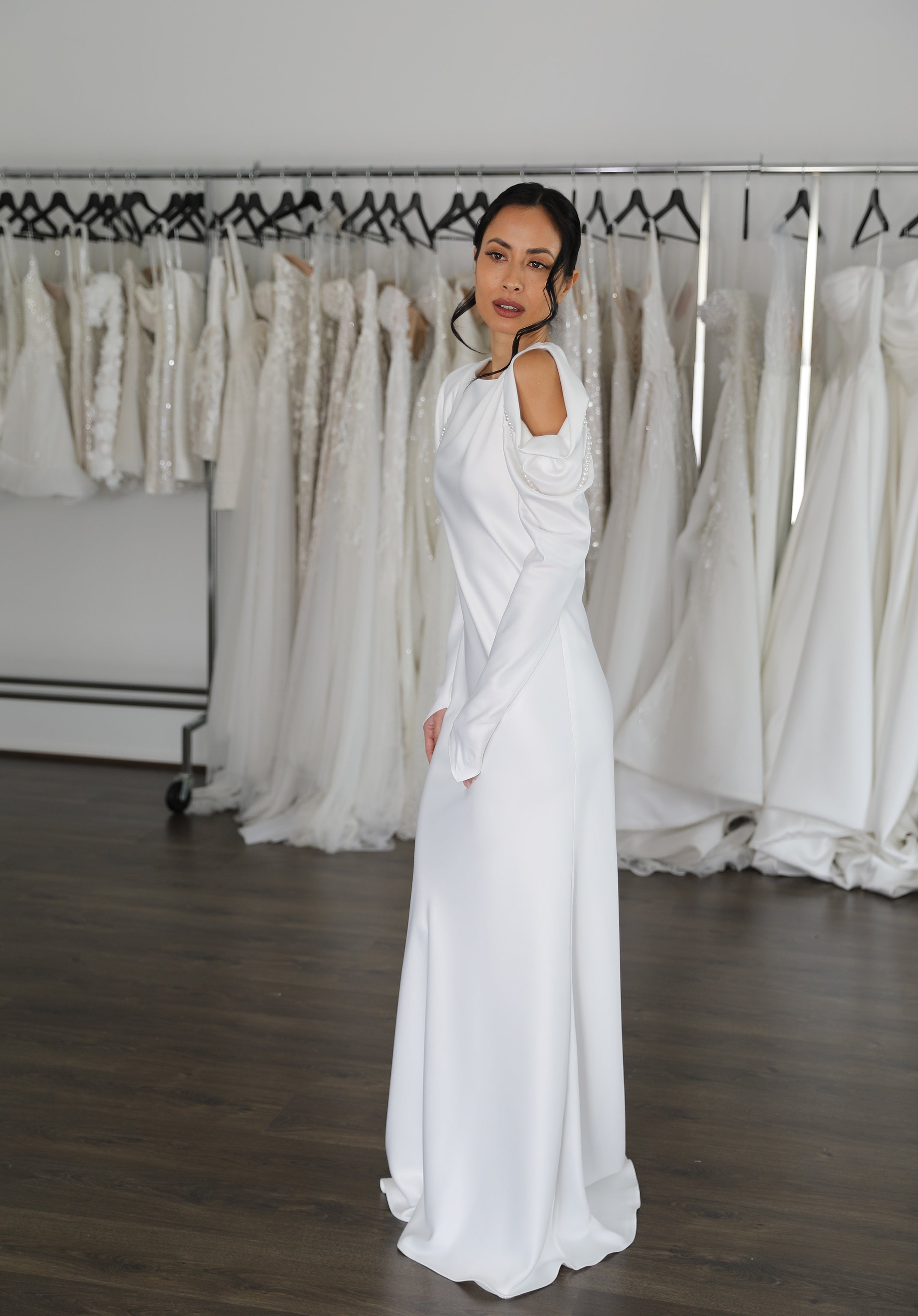 full length wedding dress with long sleeves