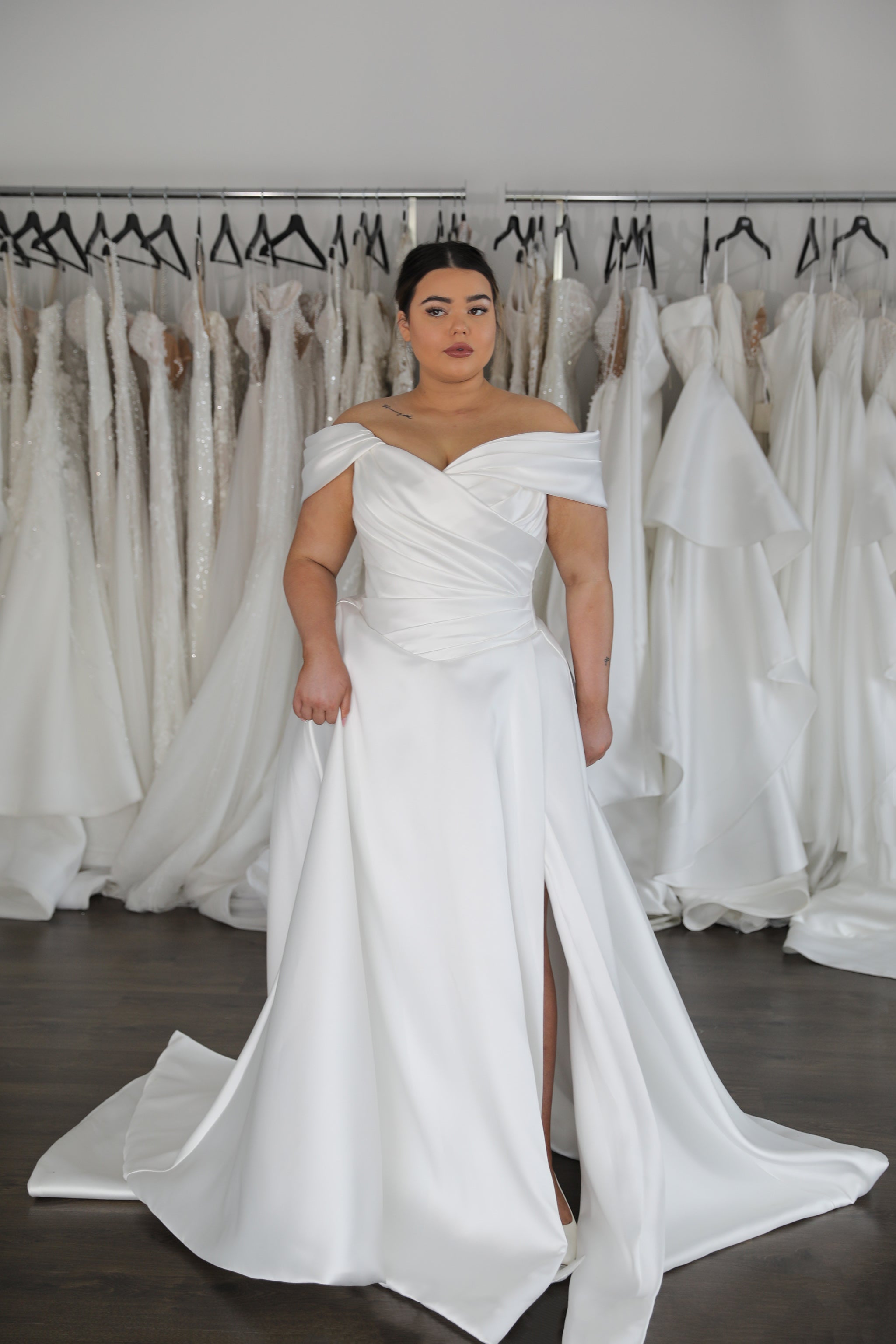 full skirt white mikado wedding dress with split and off the shoulder sleeves