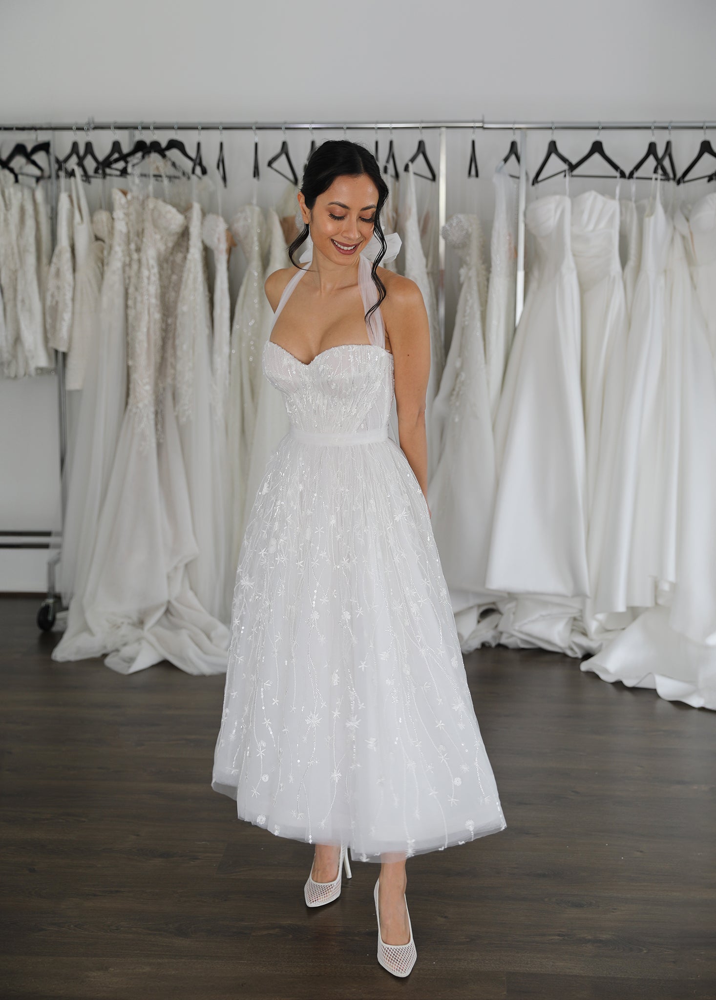 Abby Tea Length Wedding Dress | Gathered Tulle Statement Bridal Dress Abby Tea Length Wedding Dress | Gathered Tulle Statement Bridal Dress