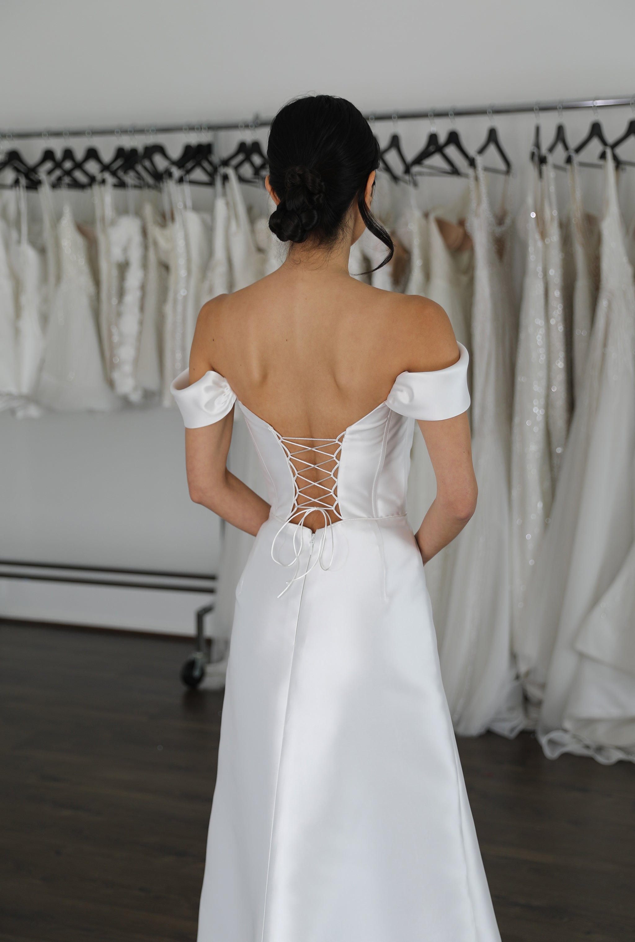 lace up back mikado wedding dress