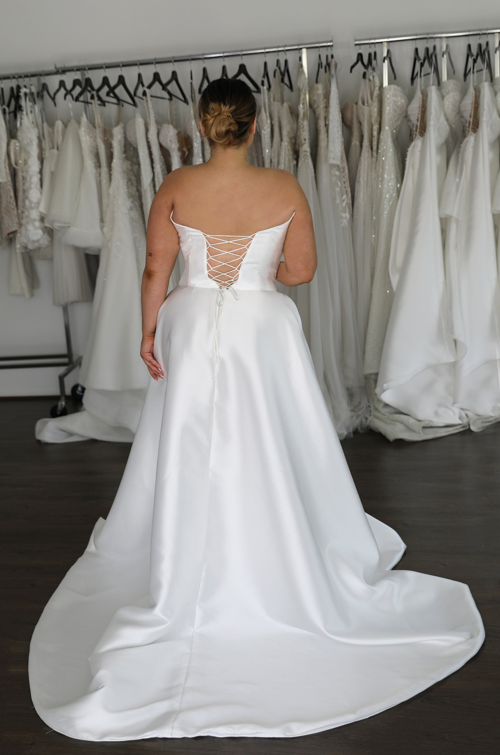 lace up back on mikado bridal gown with long train
