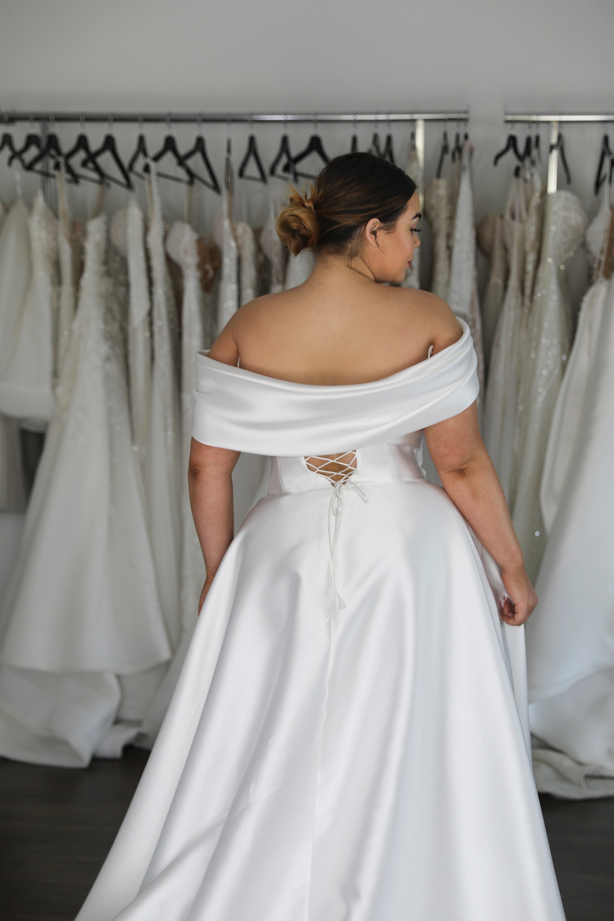 lace up draped mikado back wedding dress with full skirt