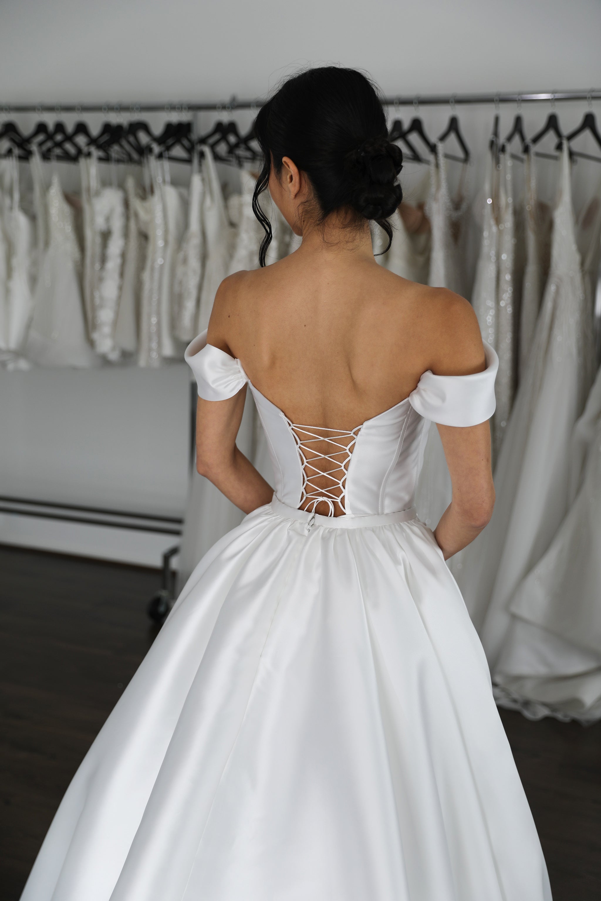 lace up wedding dress with mikado over skirt