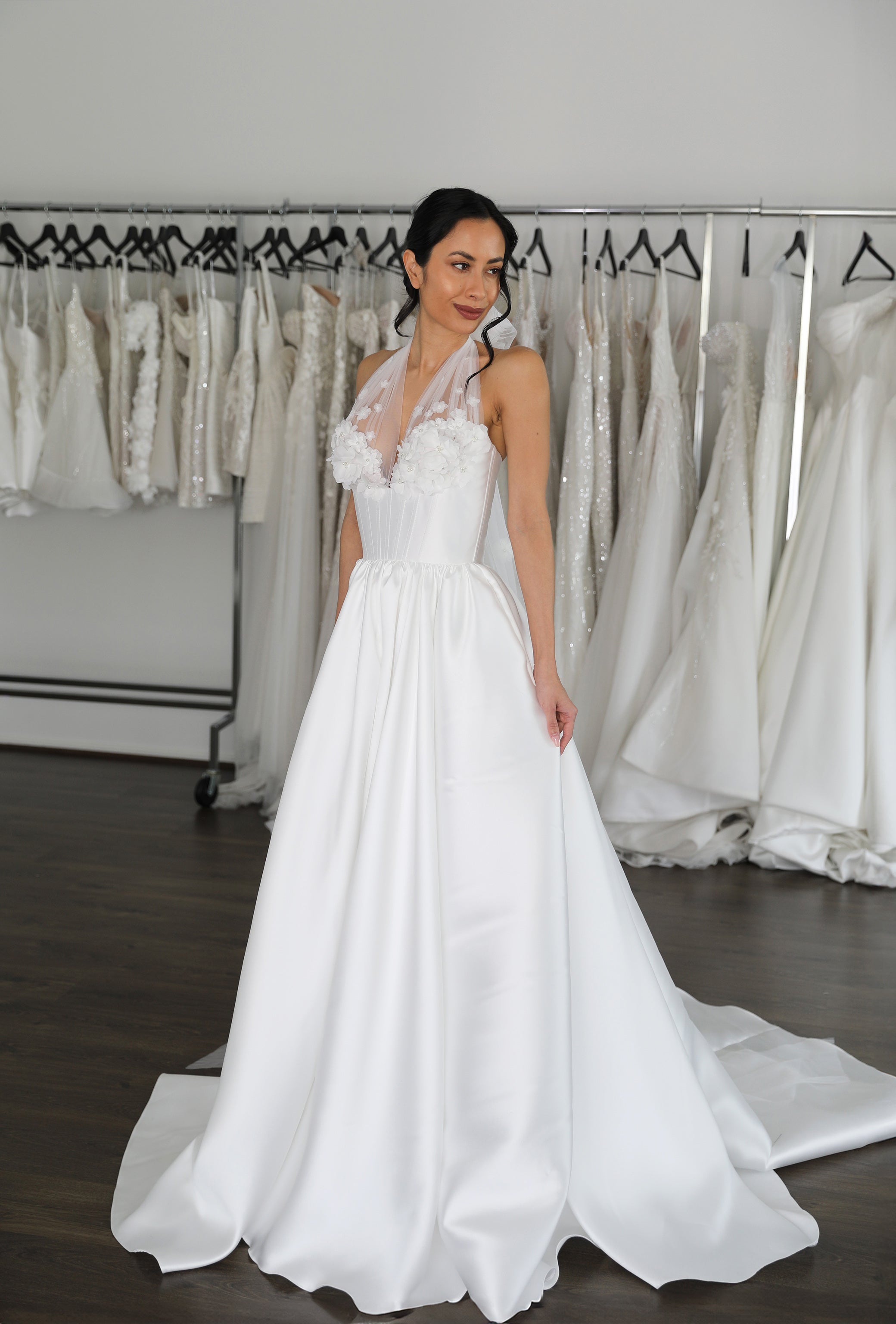 long flowing wedding dress with tulle straps