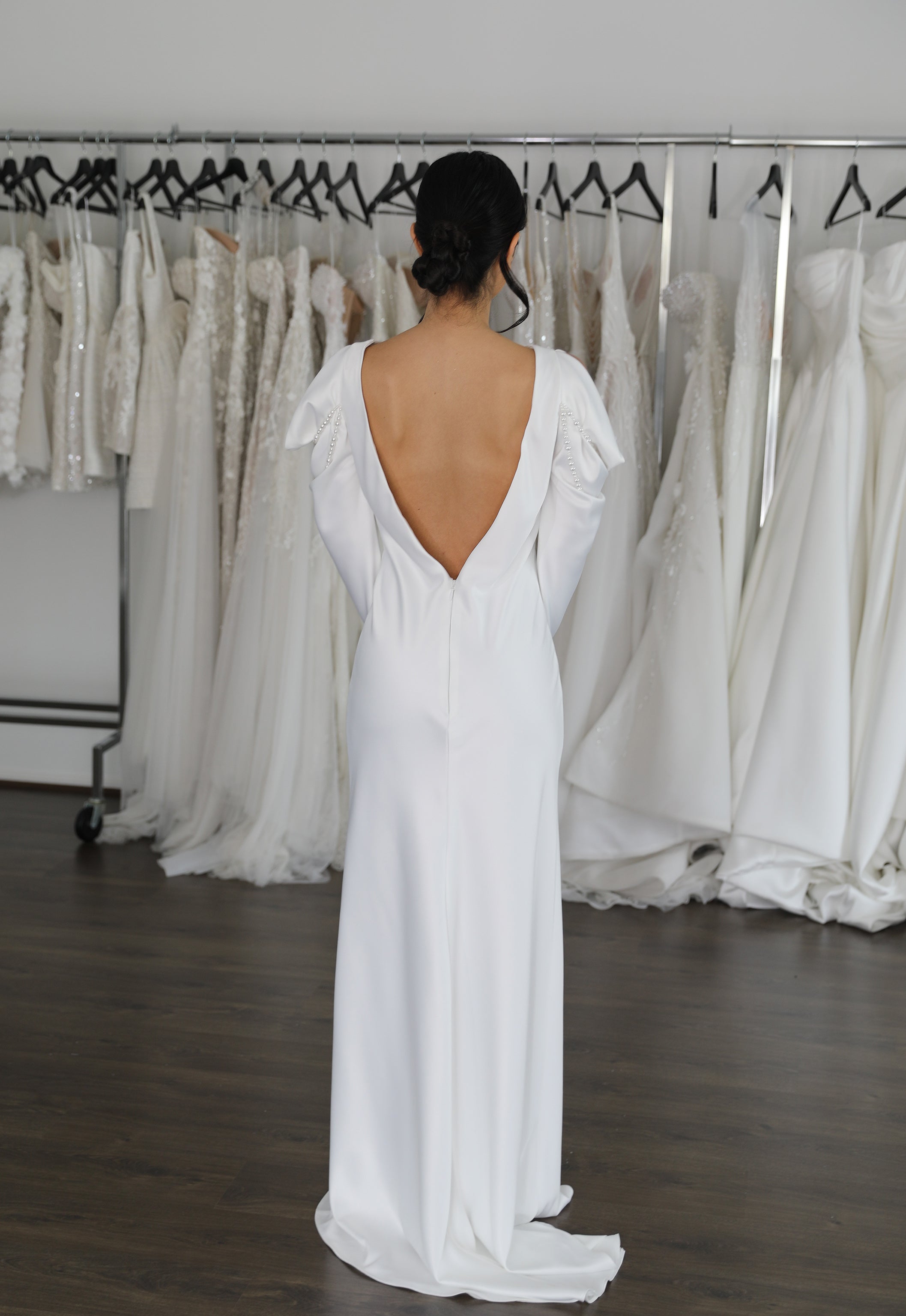 low back wedding dress with long sleeves