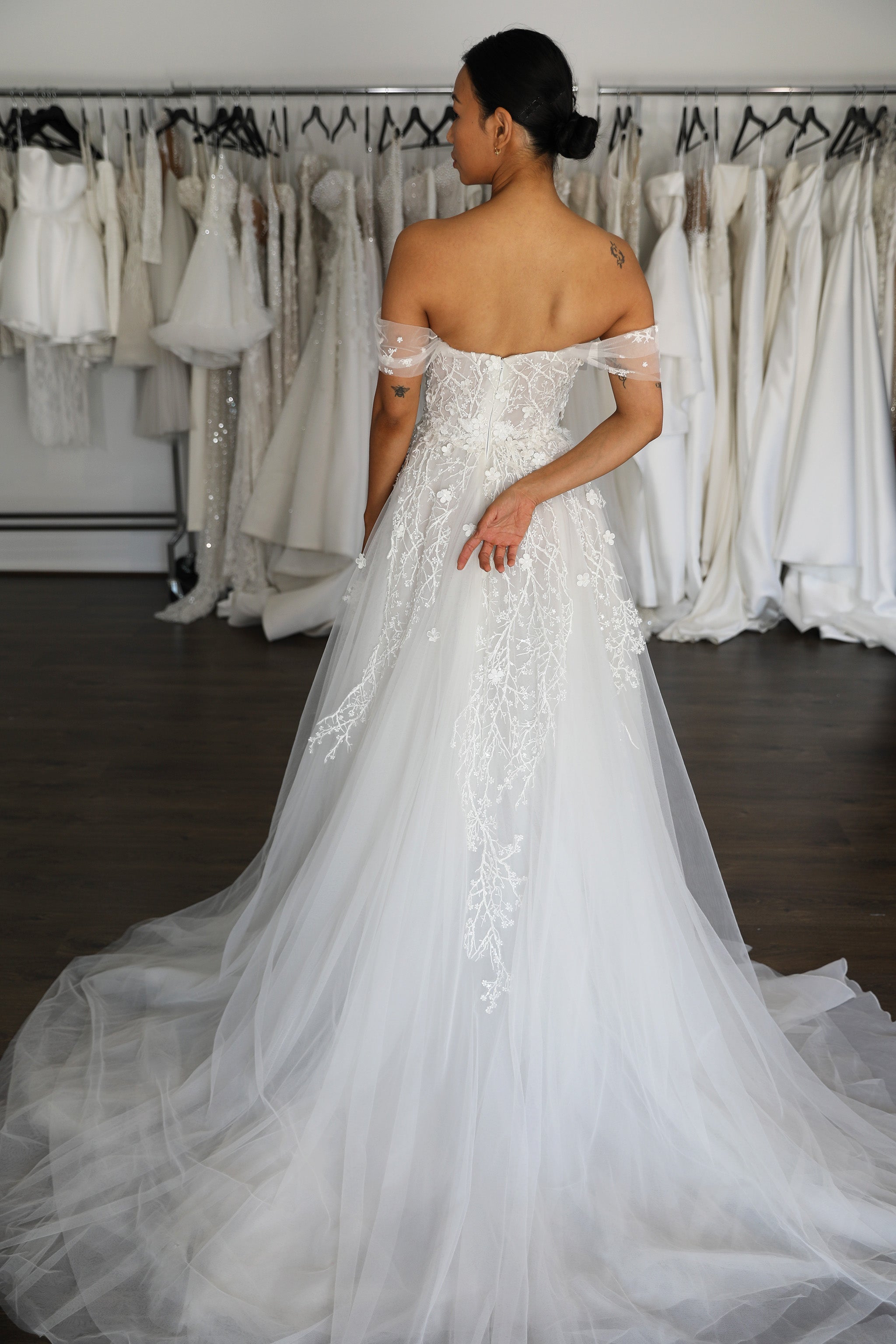 mid back wedding dress with off the shoulder sleeves