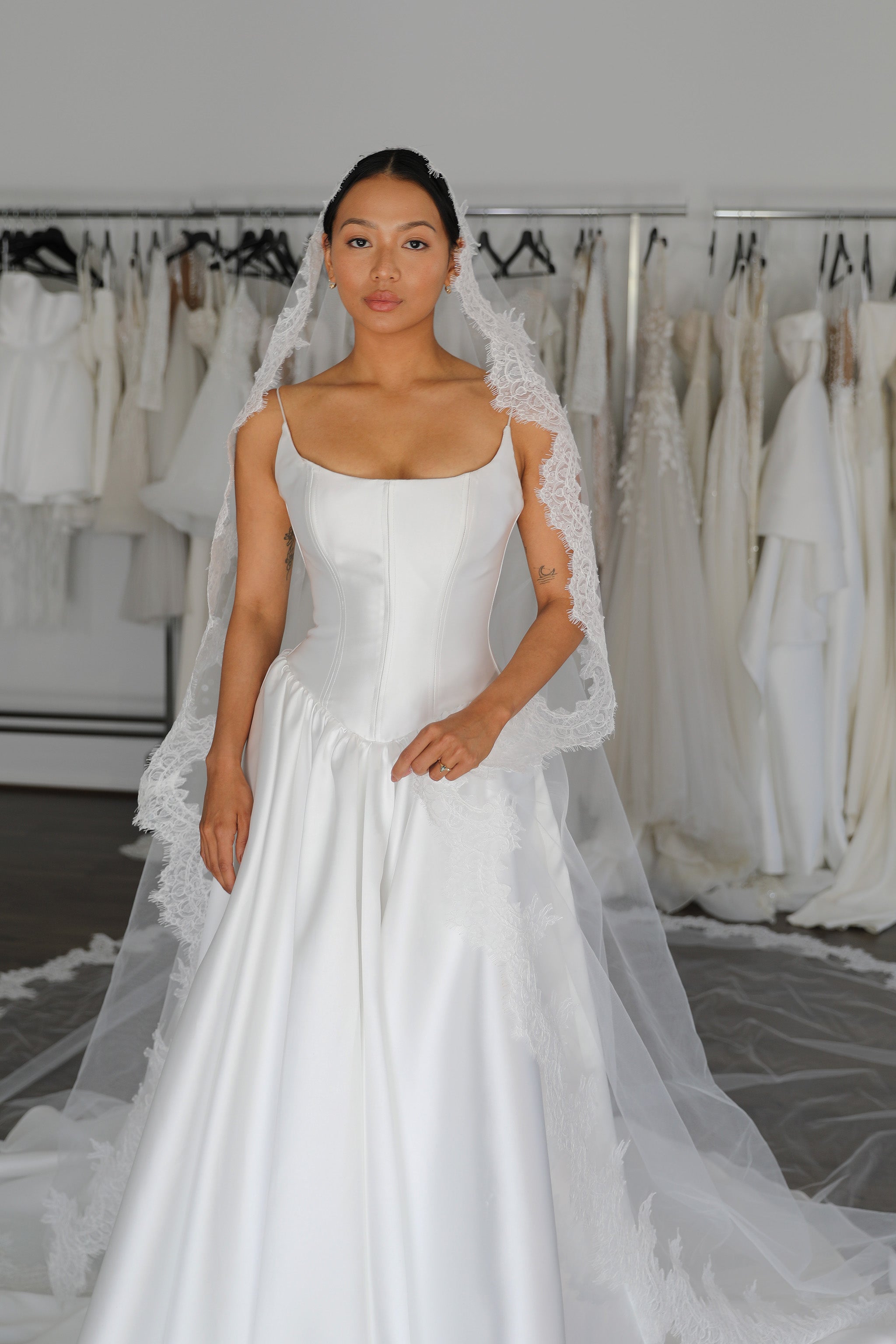 mikado scoop neck drop waist wedding gown