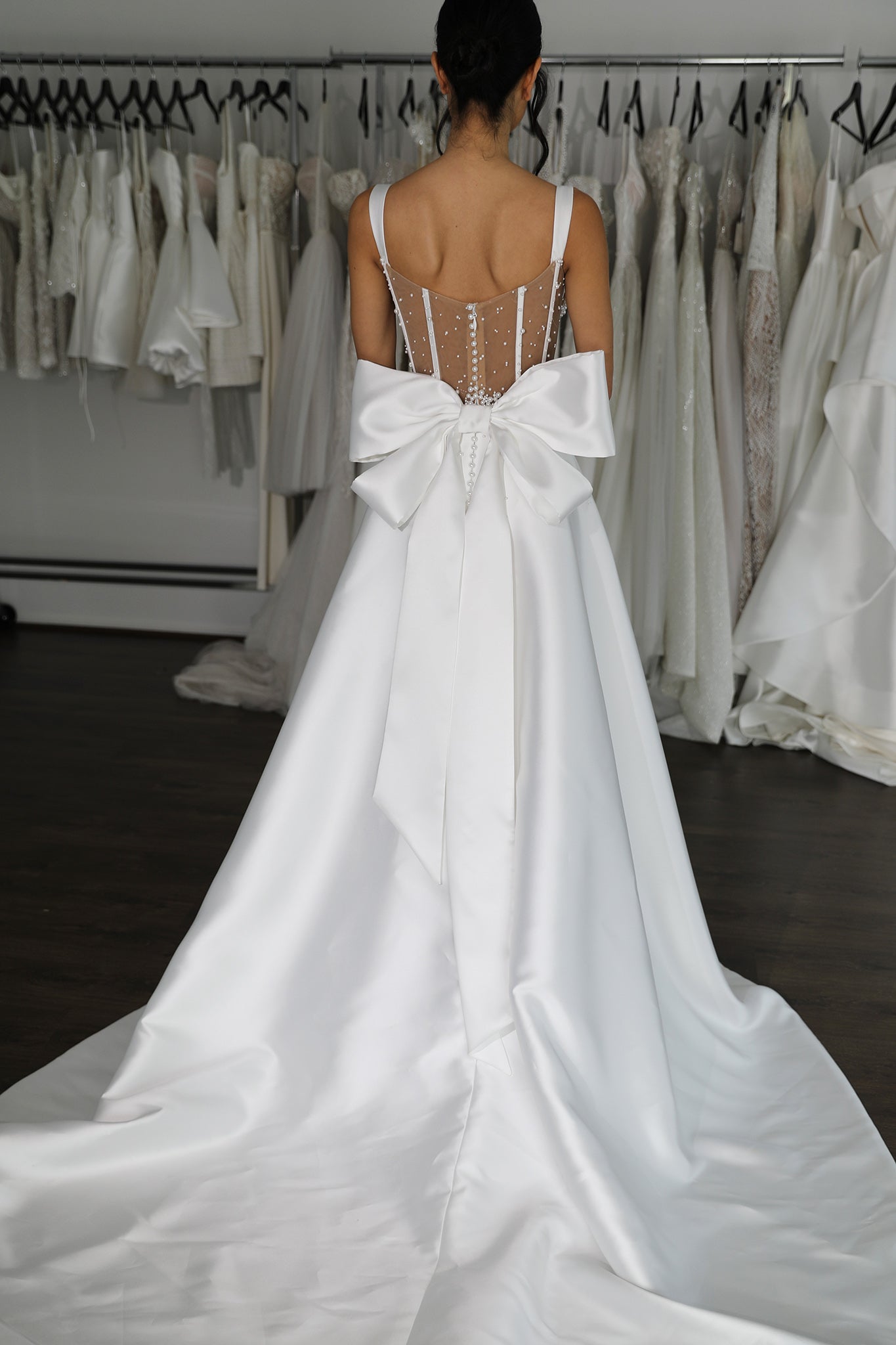 mikado wedding dress with tiered bow
