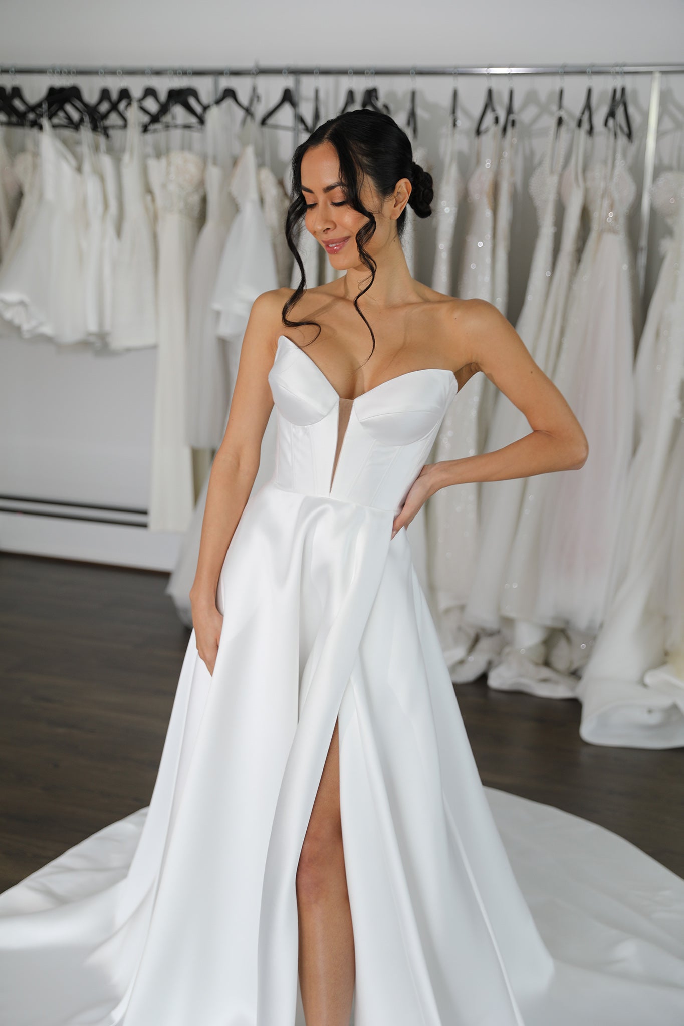 mikado wedding dress with v-neckline and skirt split