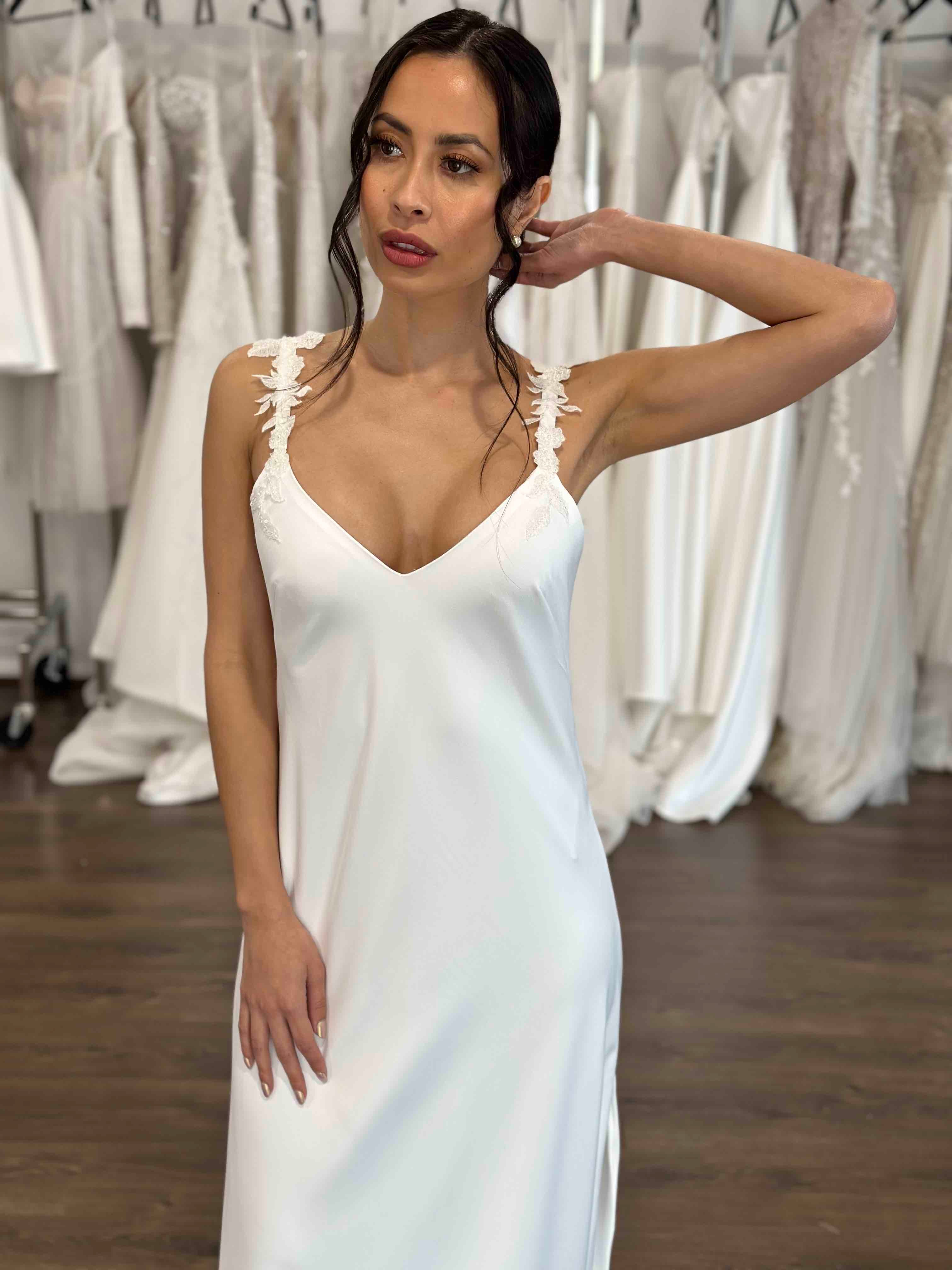 model posing I bridal reception slip gown