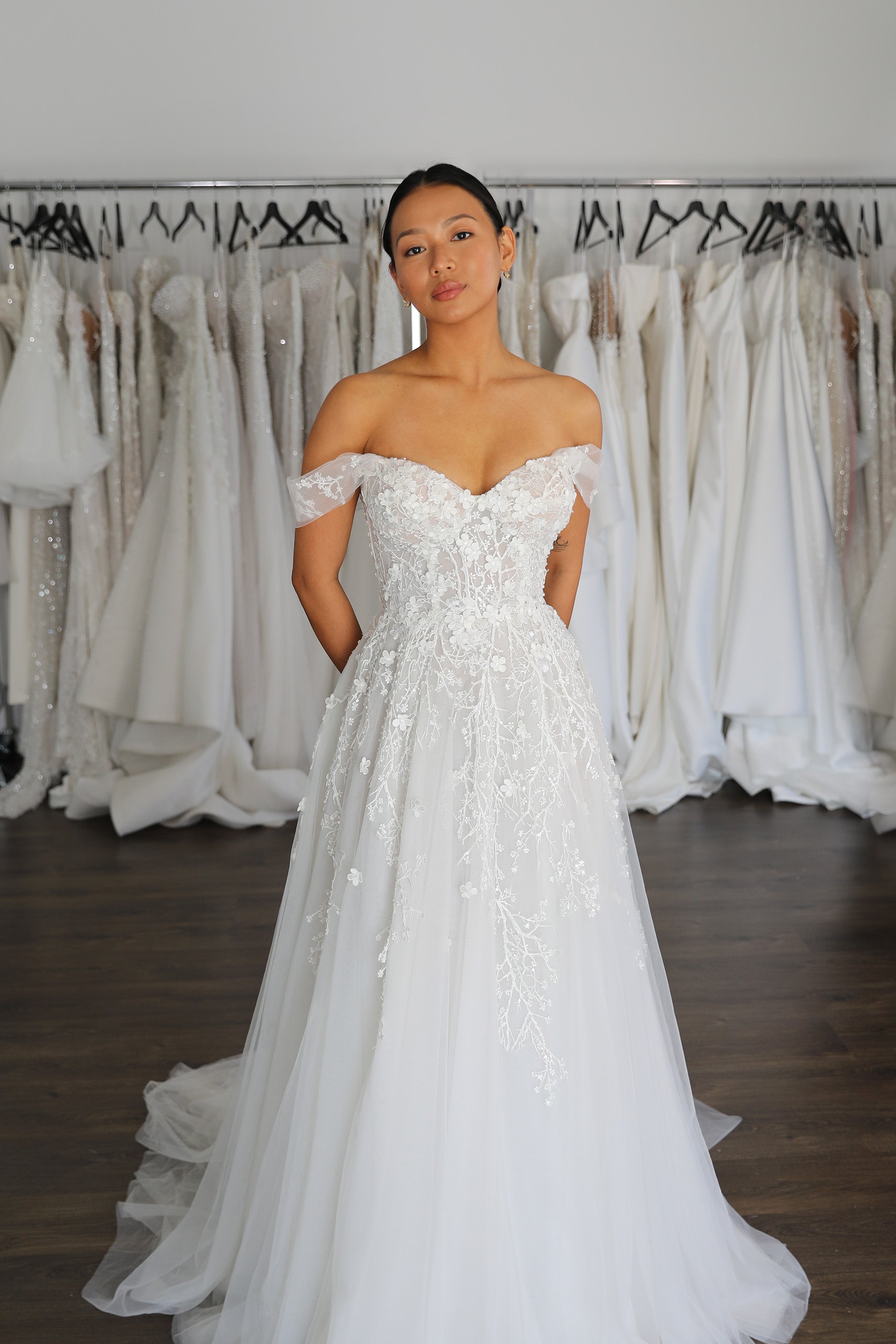 off the shoulder floral lace wedding dress with full skirt