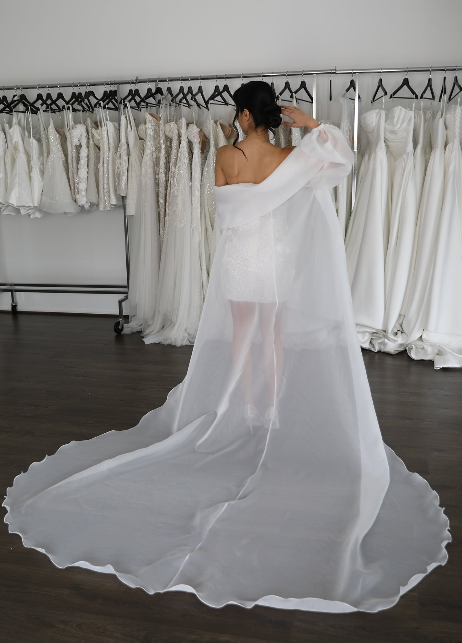 off the shoulder organza cape