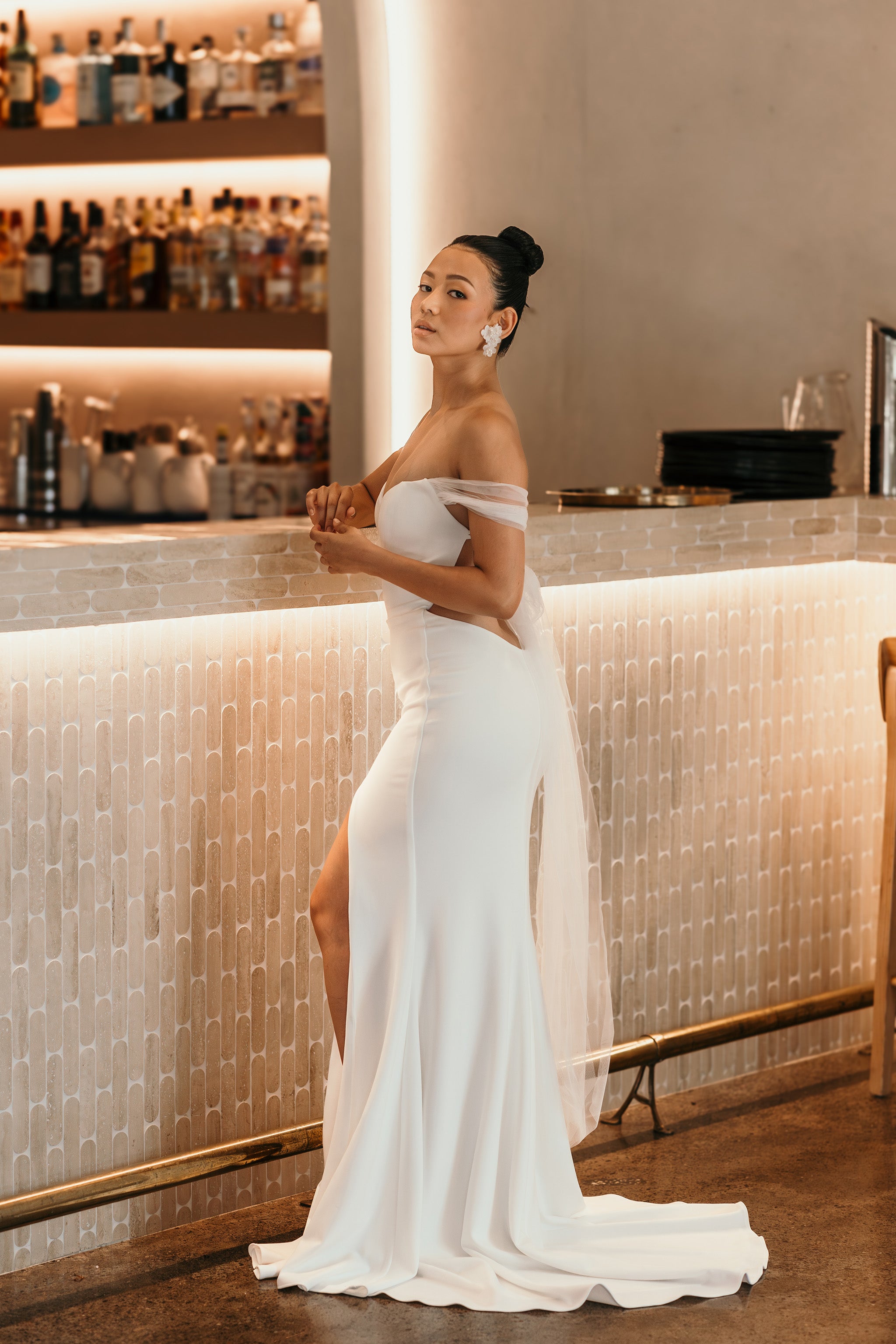 off the shoulder plain white wedding dress