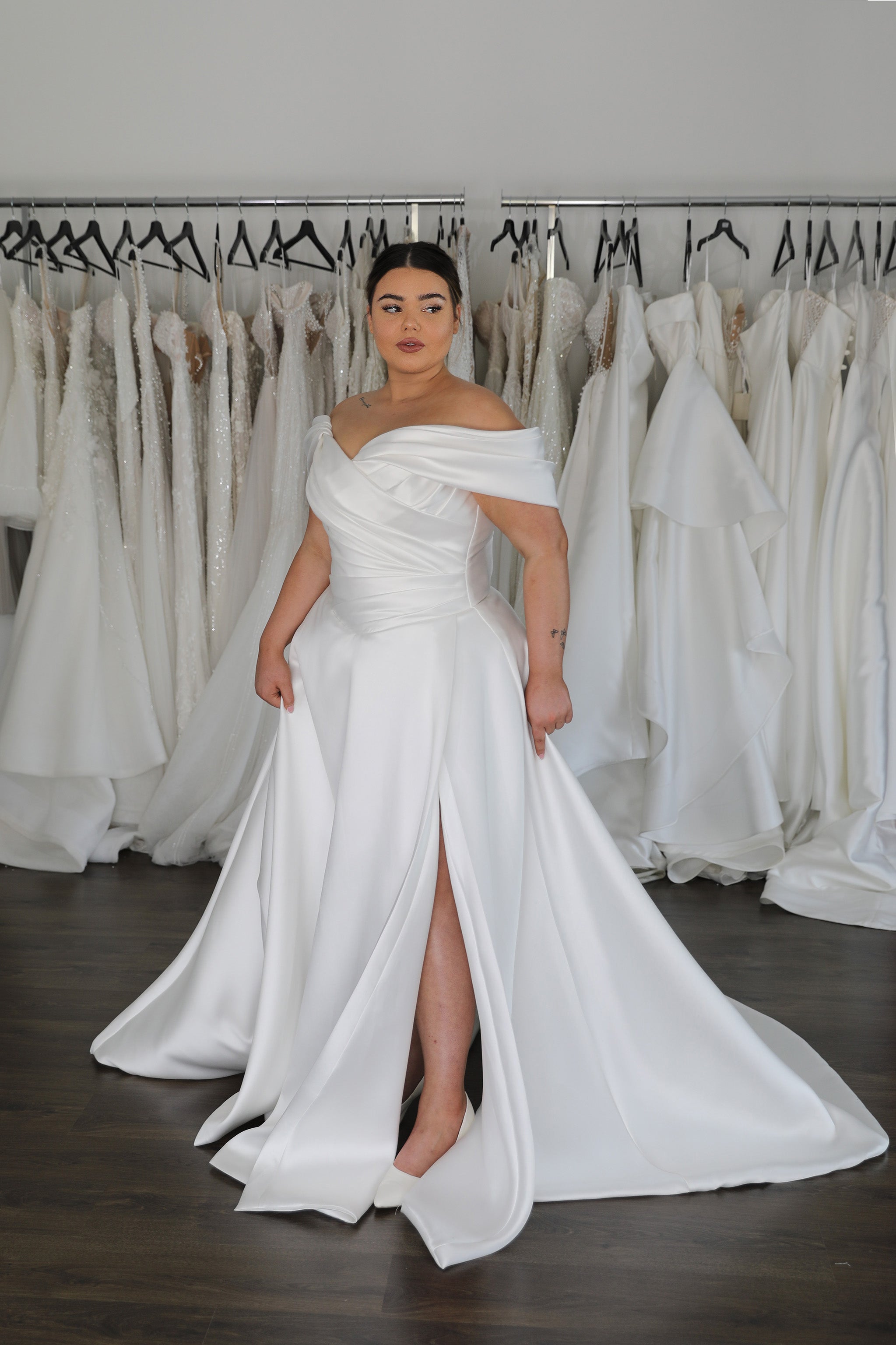 off the shoulder straps on mikado wedding dress with thigh split