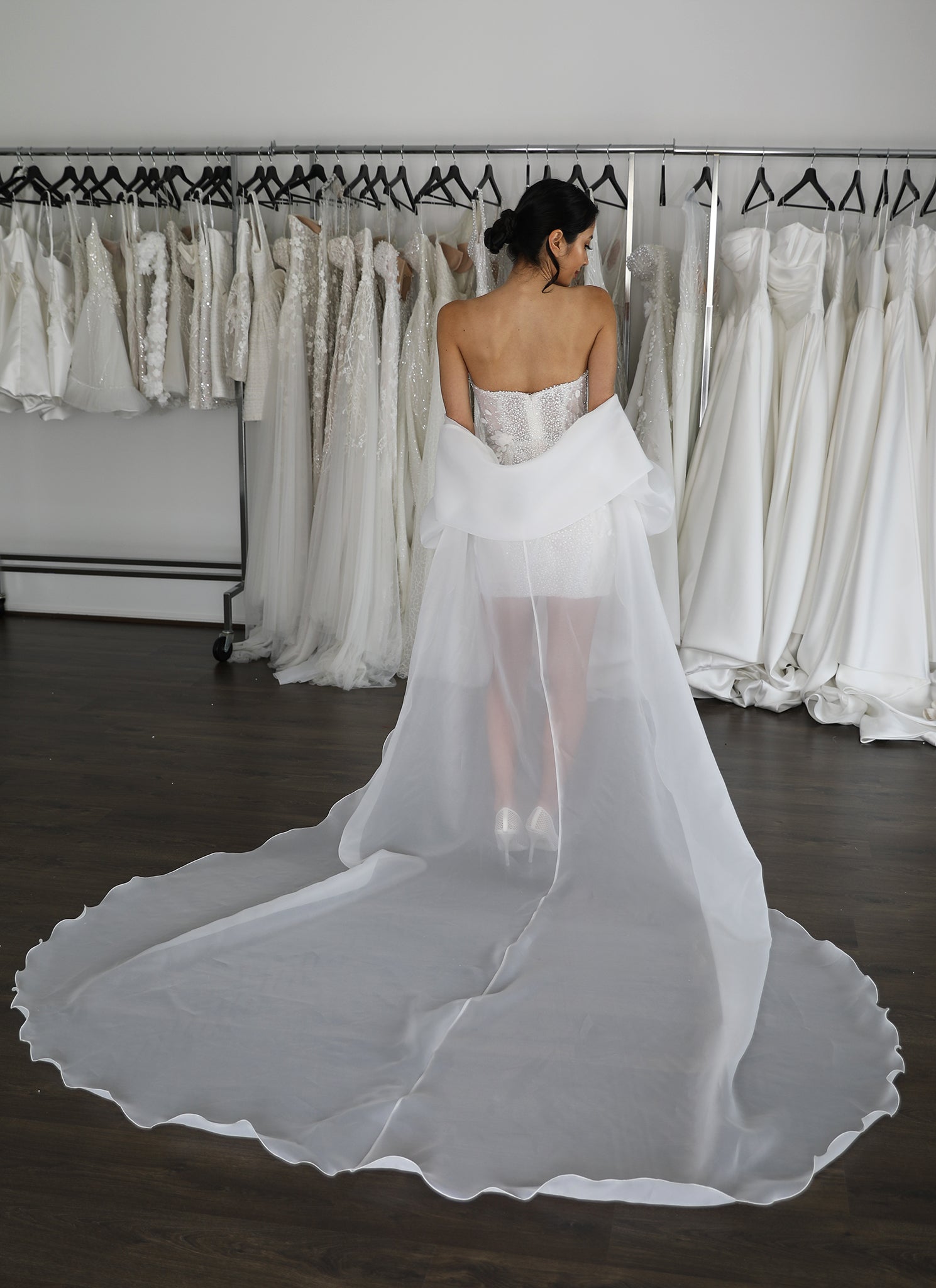 organza cape over mini bridal gown