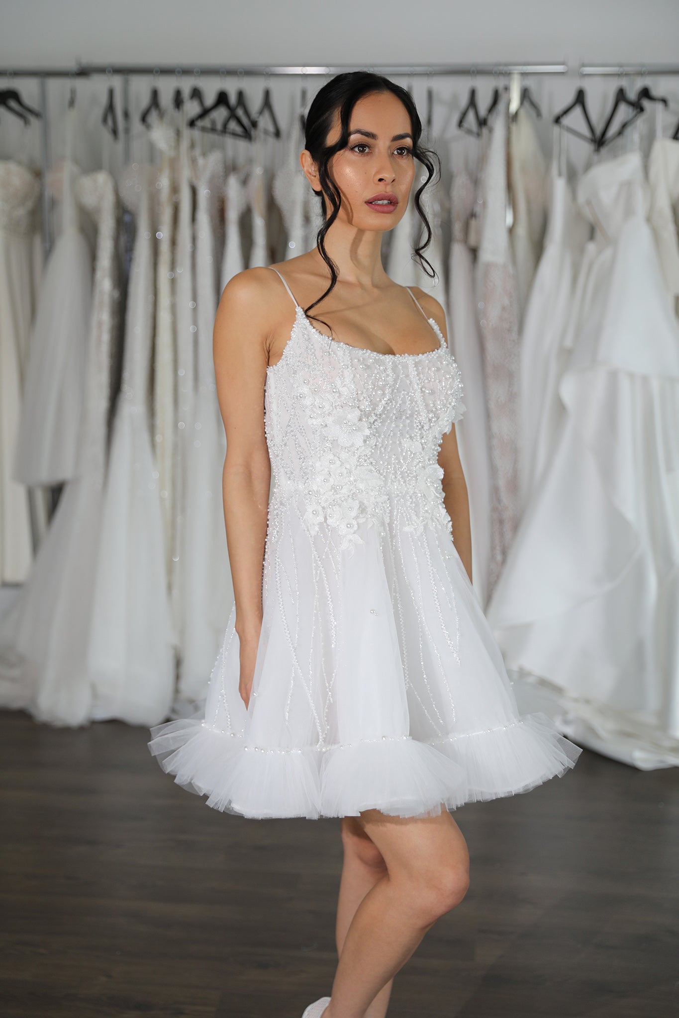 pearl and floral lace wedding mini dress with tulle frilled hem