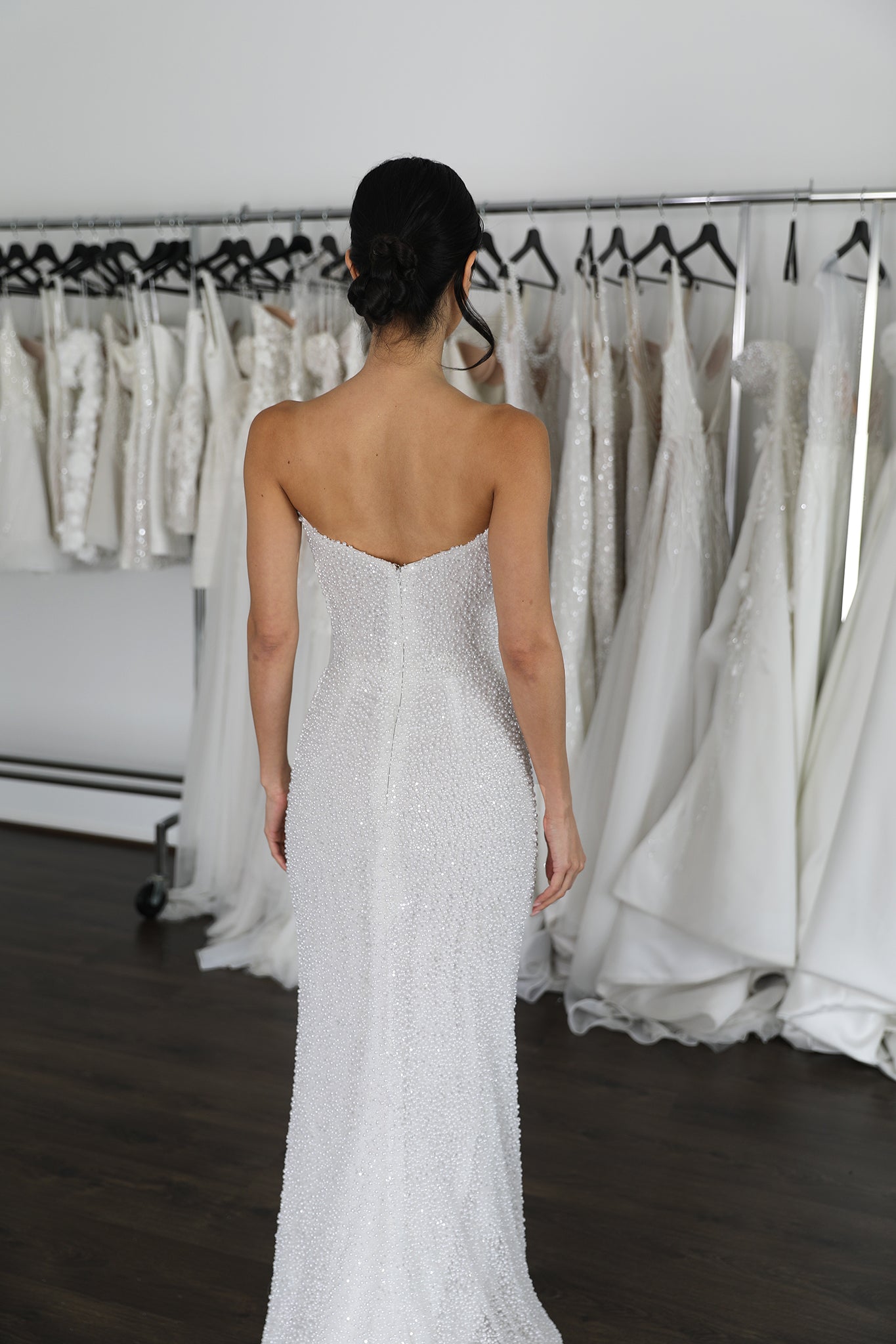 pearl embellished full length wedding dress