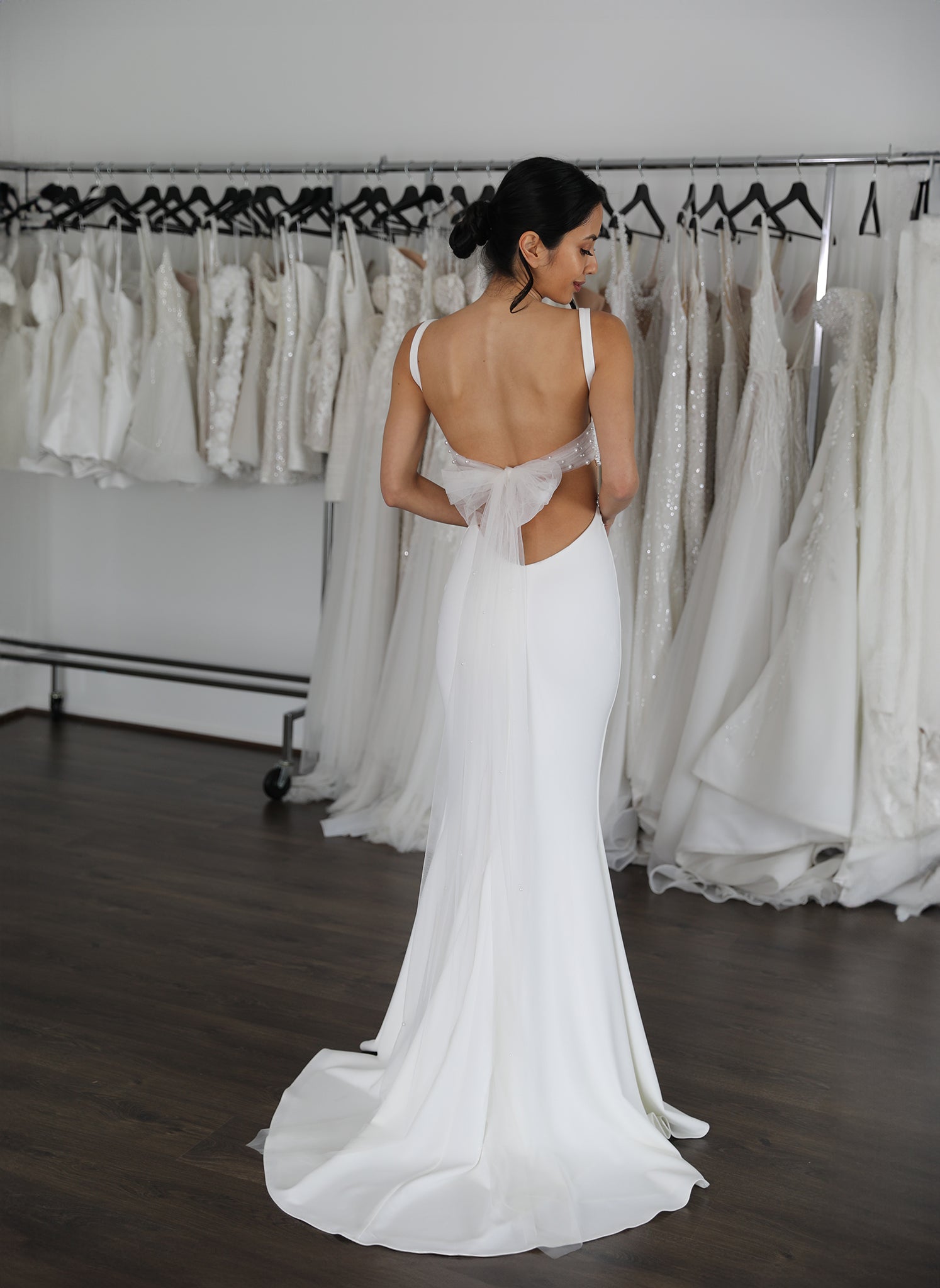 pearl embellished tulle tie backs on low back crepe dress