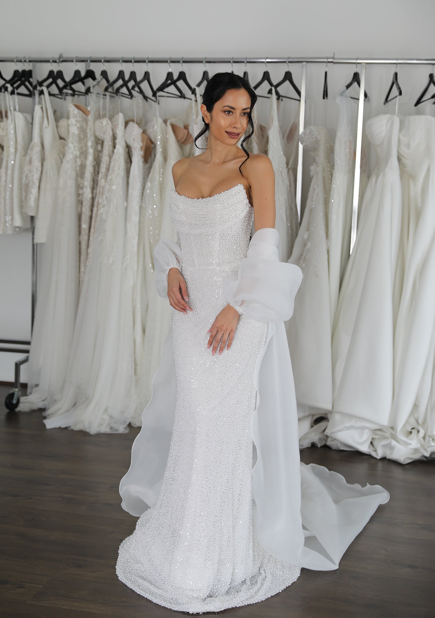pearl lace wedding dress with organza cape