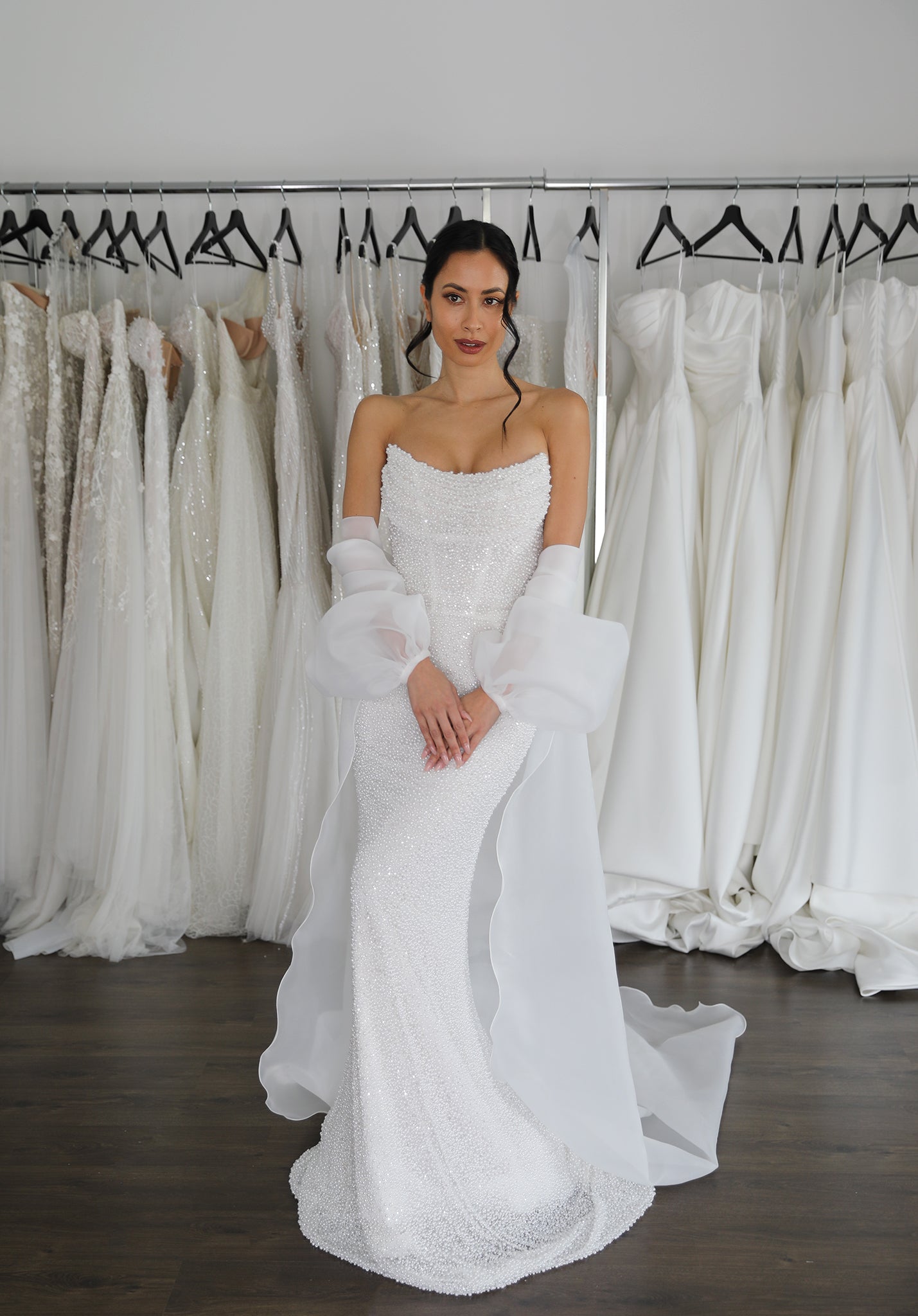 pearl wedding dress and organza cape