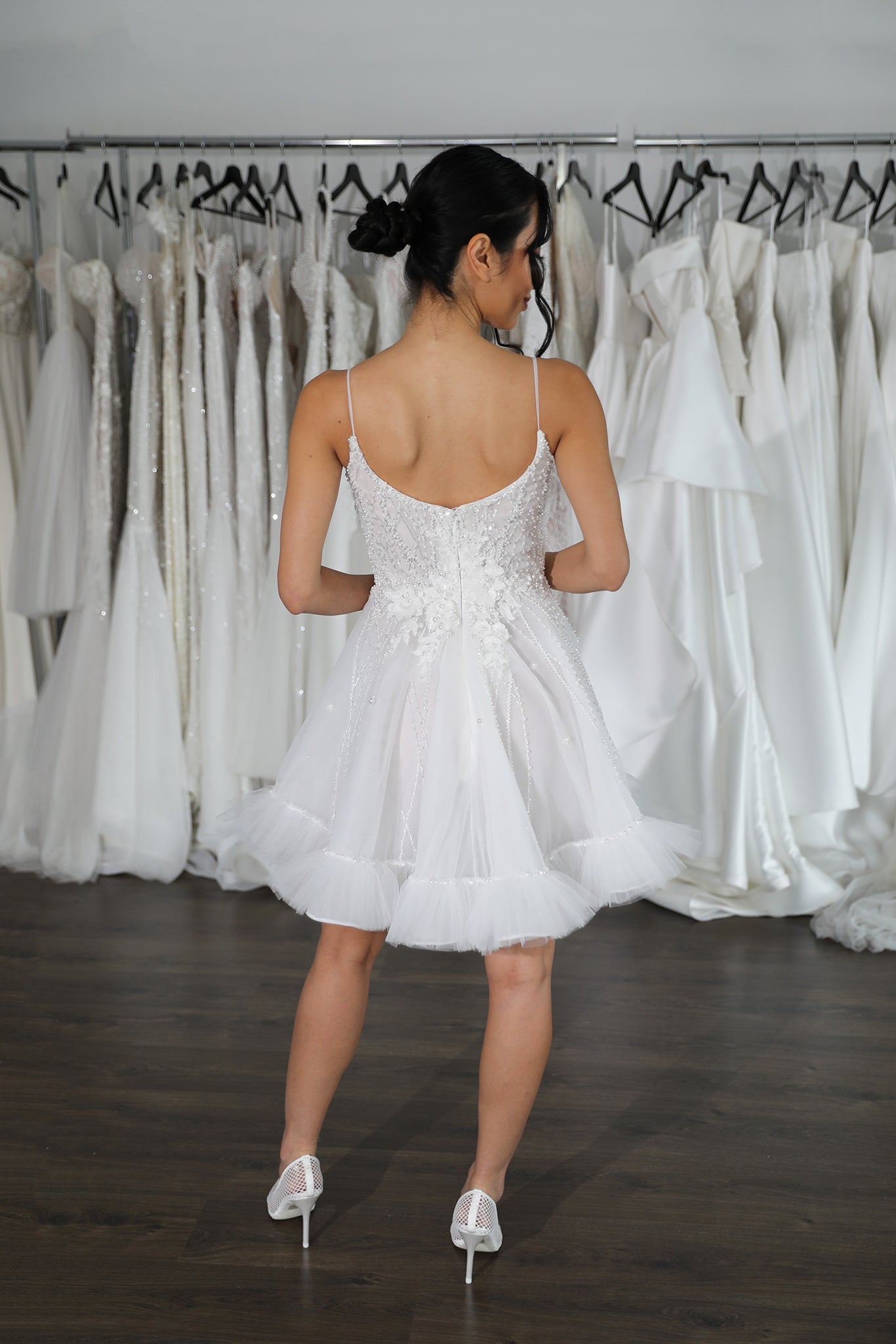 scoop back bridal mini with cute hem detail