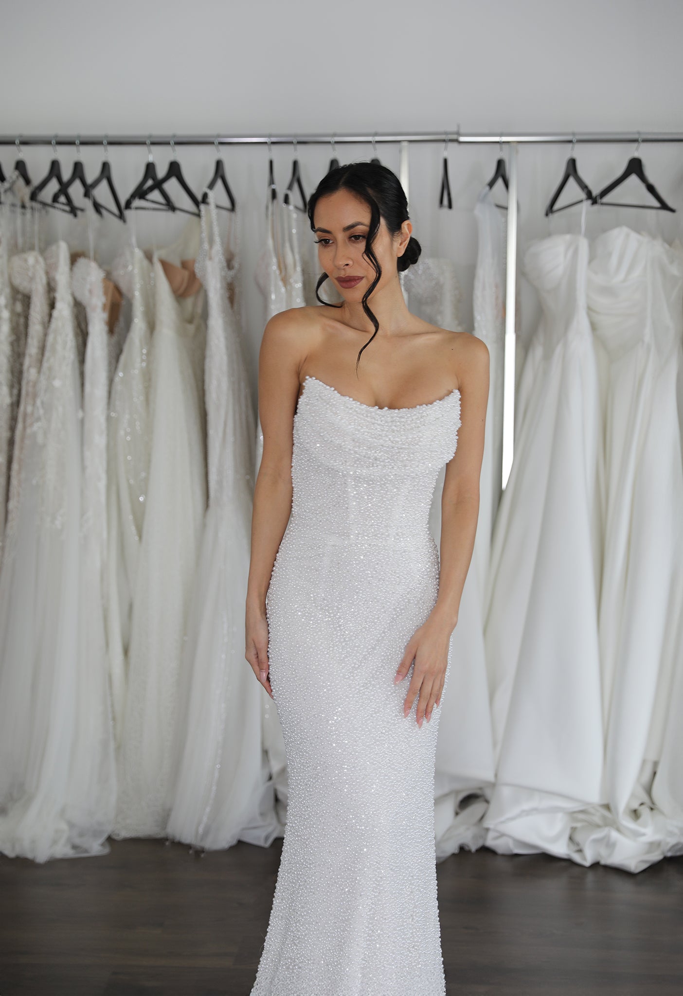 scoop draped neck pearl wedding dress