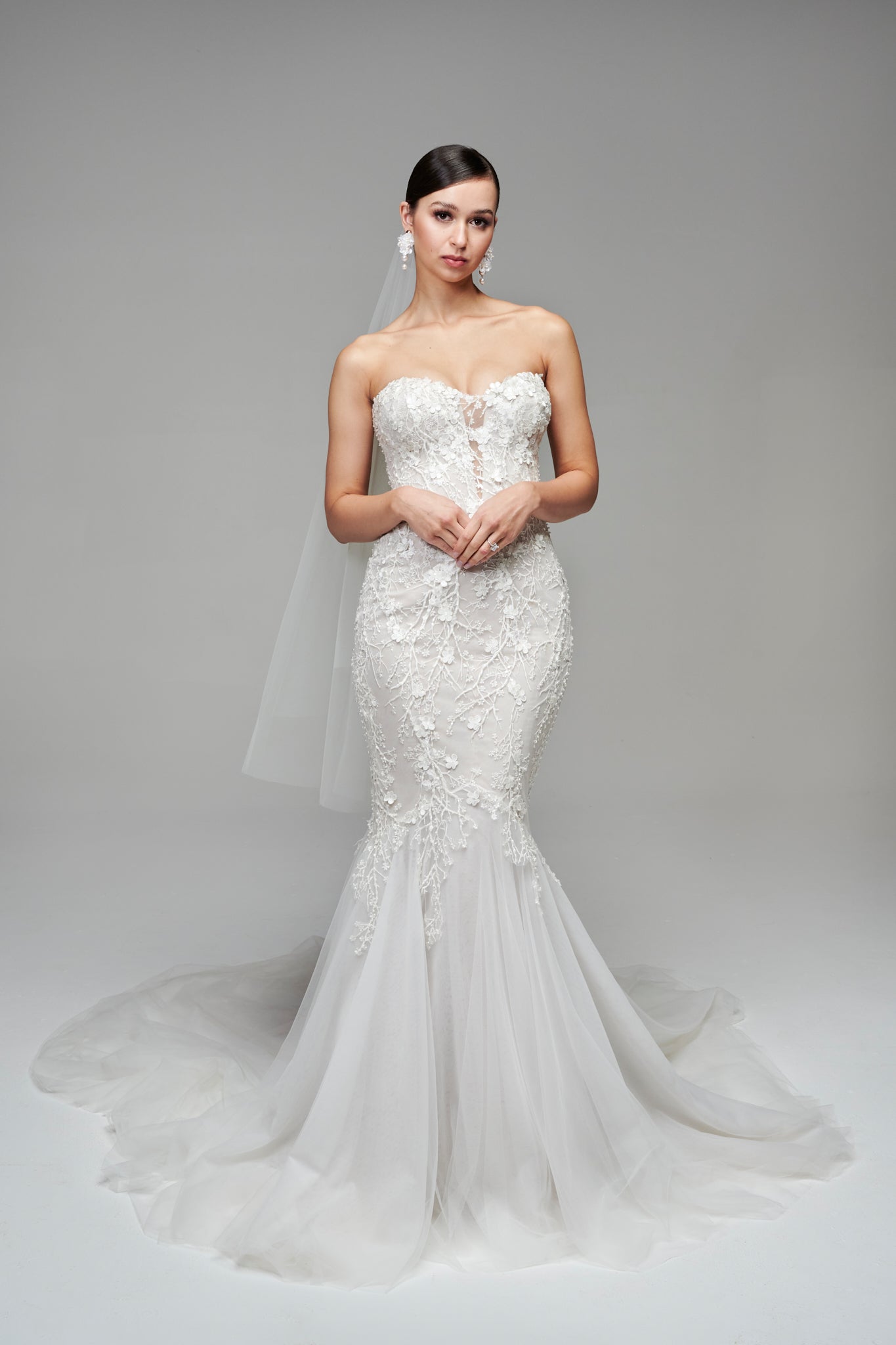 strapless curved neckline wedding dress with mermaid skirt
