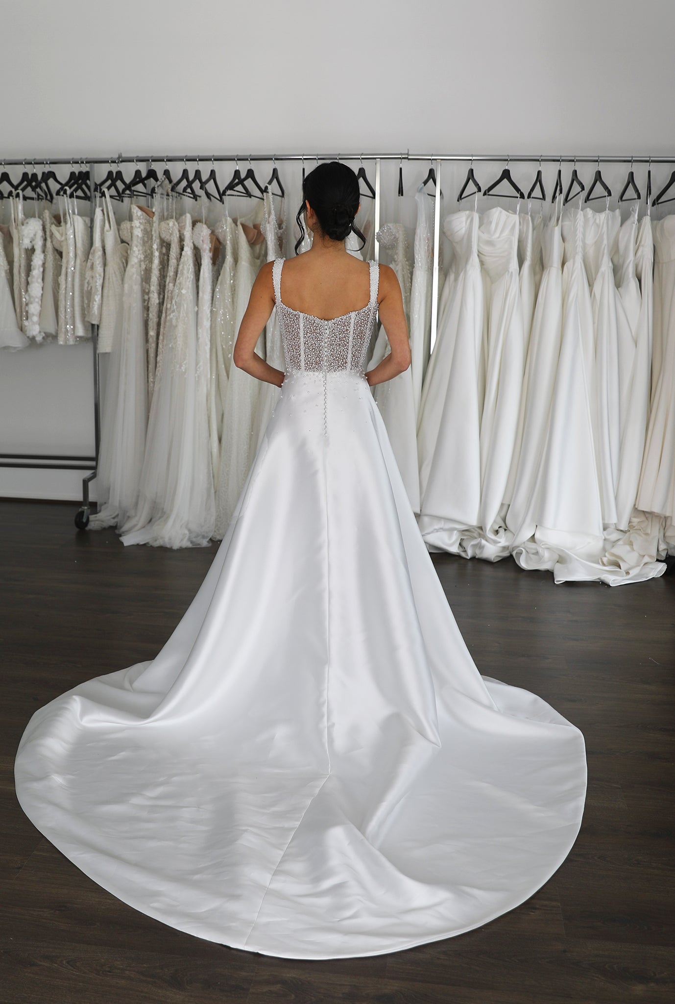 thin straps and pearl u-back bodice with full mikado skirt