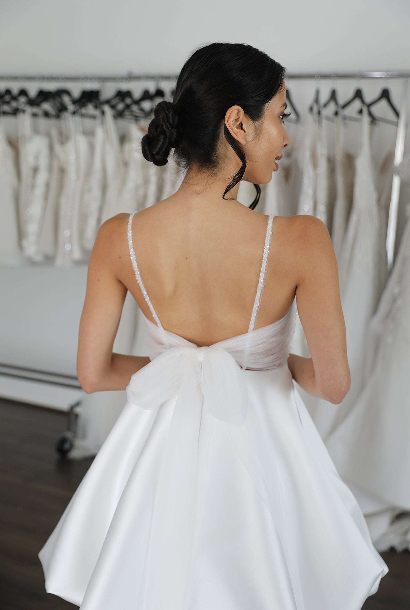 thin straps and tulle bow tie back wedding mini