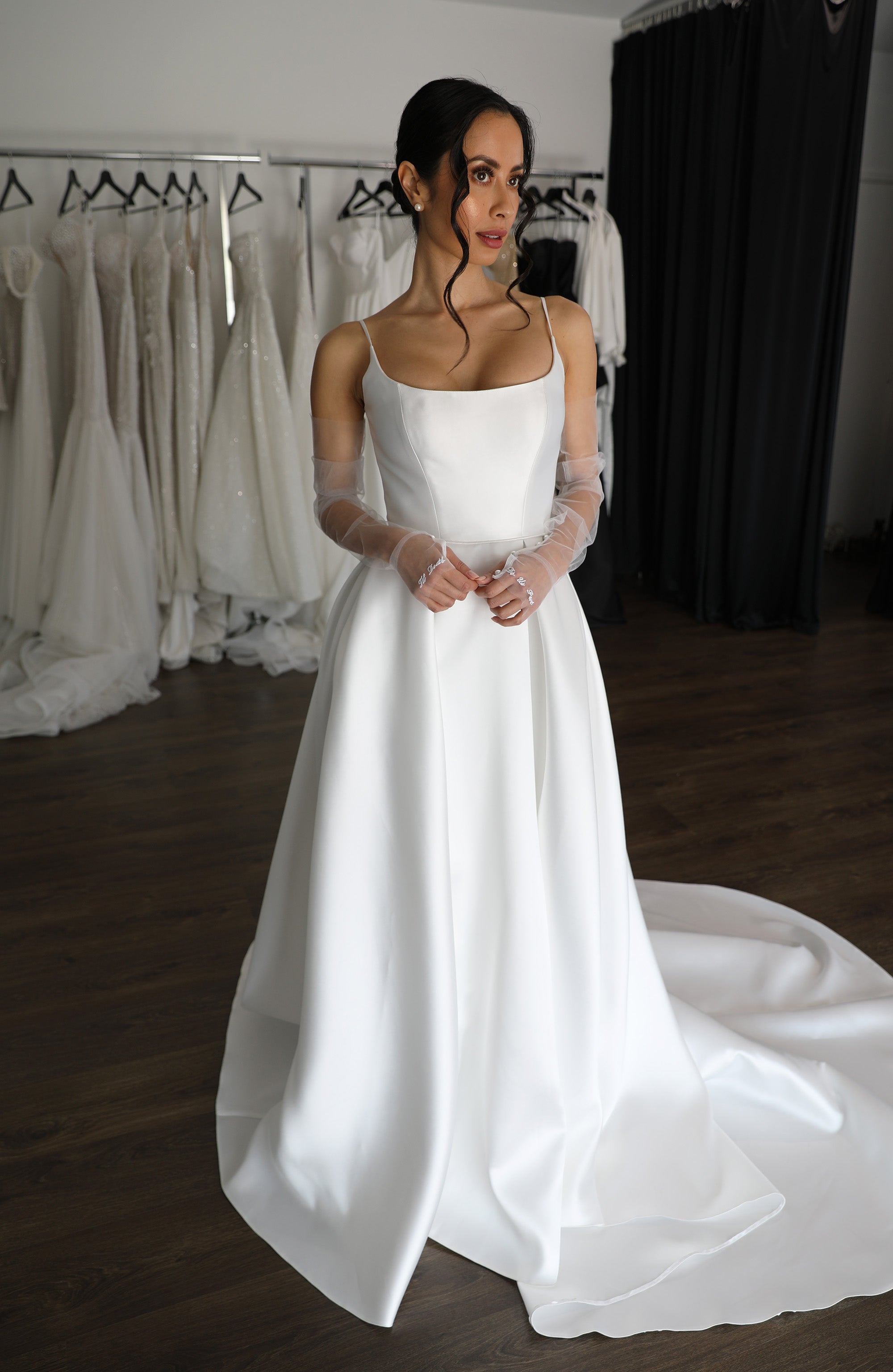 tulle gloves and flowing mikado gown with thin straps and long train