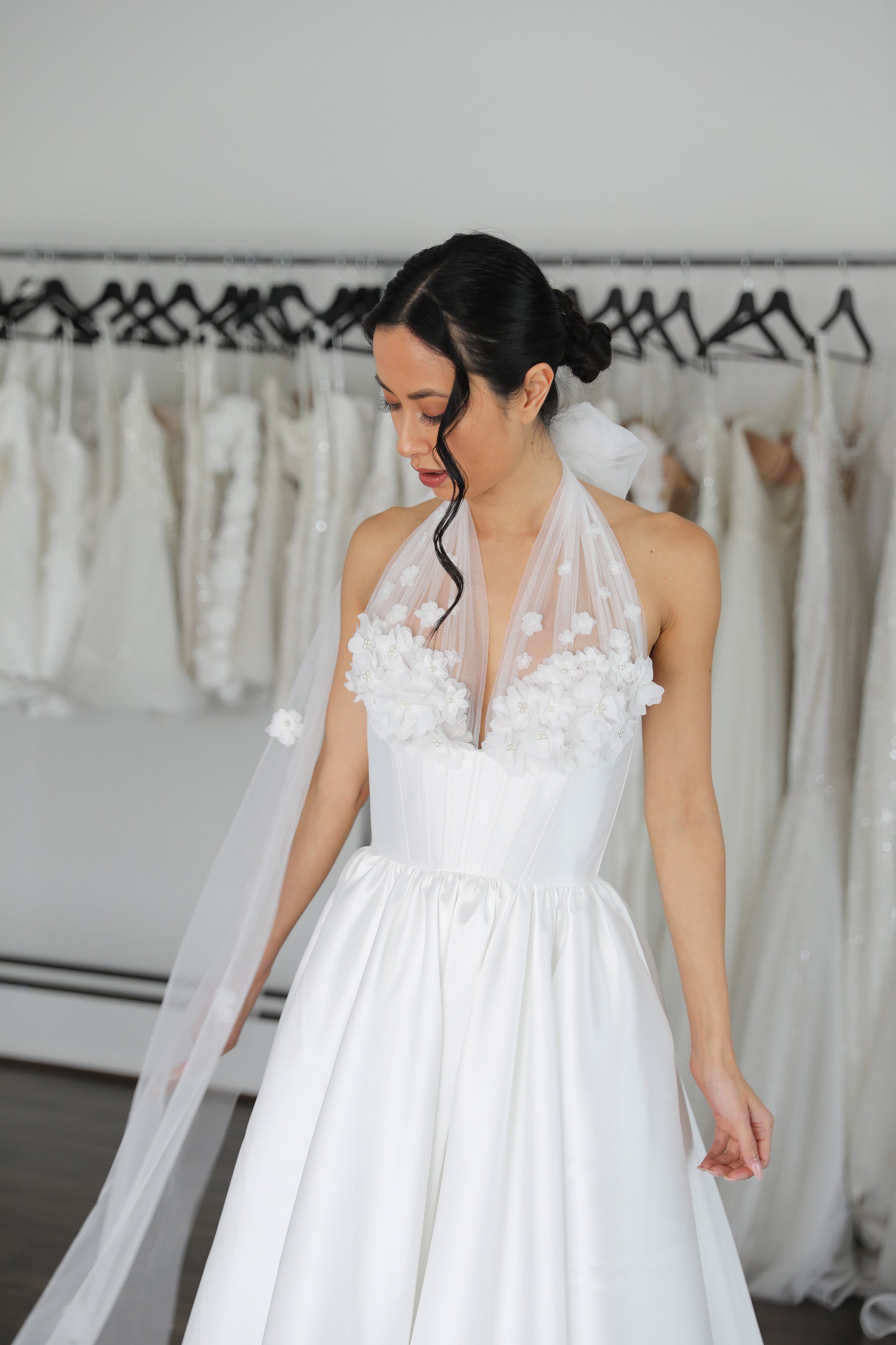 tulle straps with floral lace and corset top wedding gown