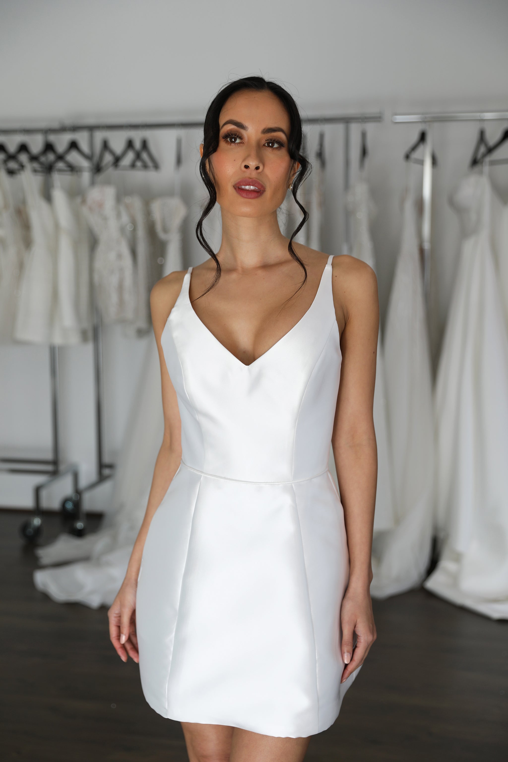 v-neck bridal mini on woman